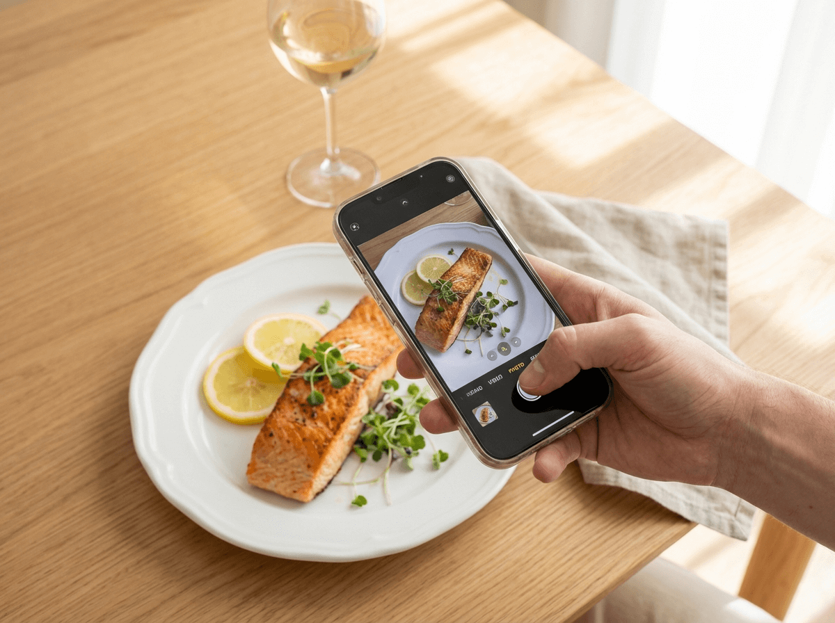Simple smartphone food photography of salmon dish showing easy AI-enhanced workflow for food bloggers