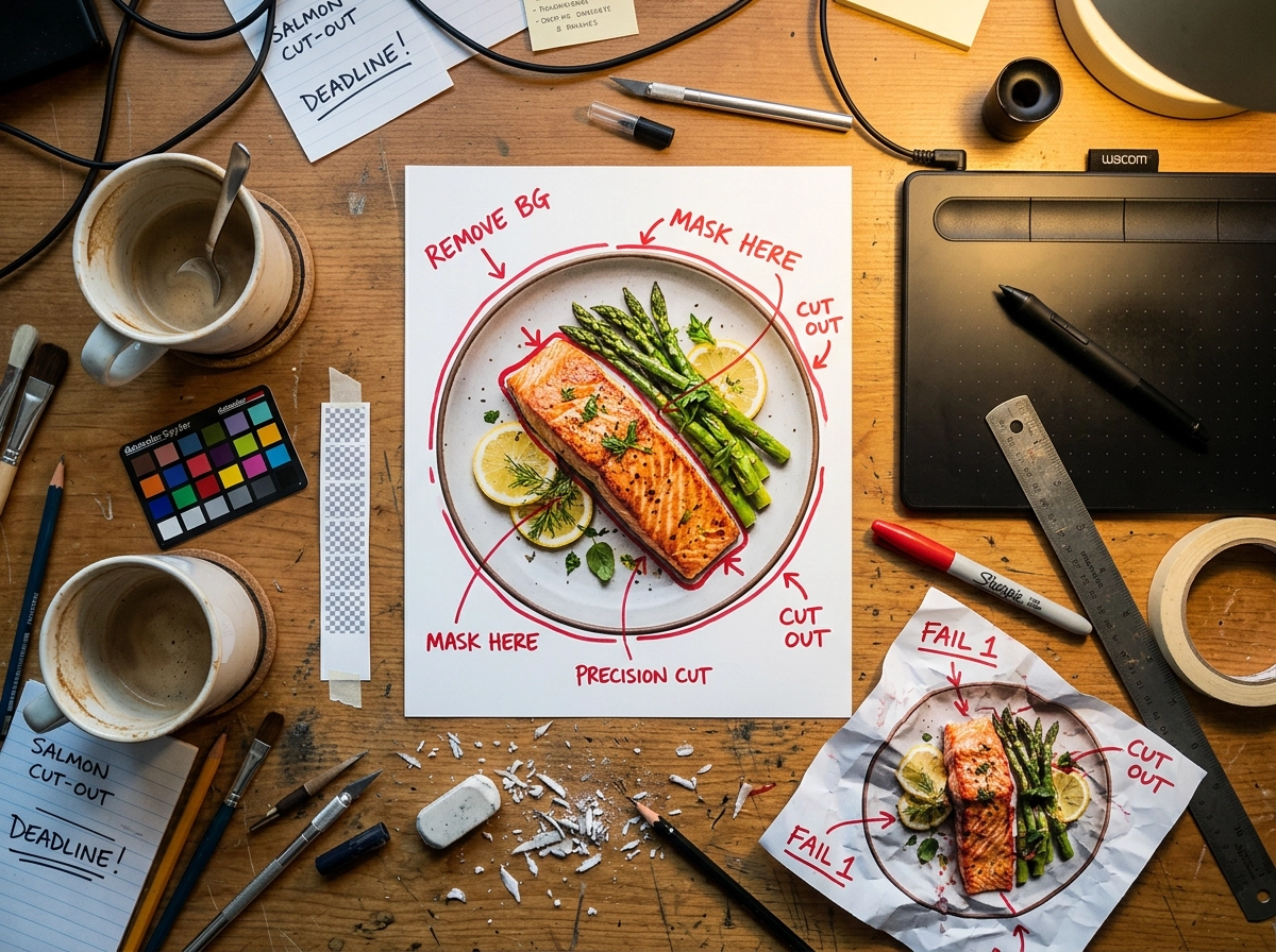 Manual food photo background removal workspace showing editing tools and hand-marked cutout guidelines around plated dish