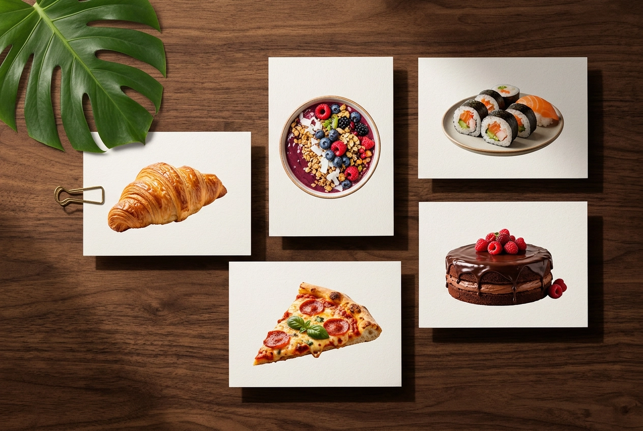 Professional food photographs with transparent backgrounds printed on cards showing various dishes cleanly isolated