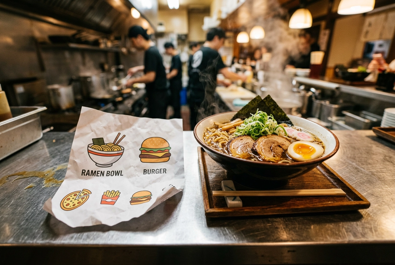 Real bowl of ramen next to printed generic food clipart showing contrast between authentic and stock food images