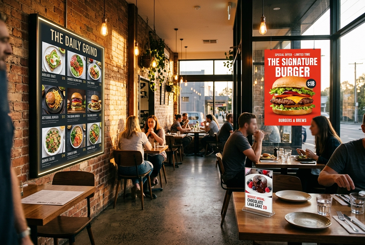 Restaurant interior showing food images with transparent backgrounds used across menu board, table tents, and promotional posters