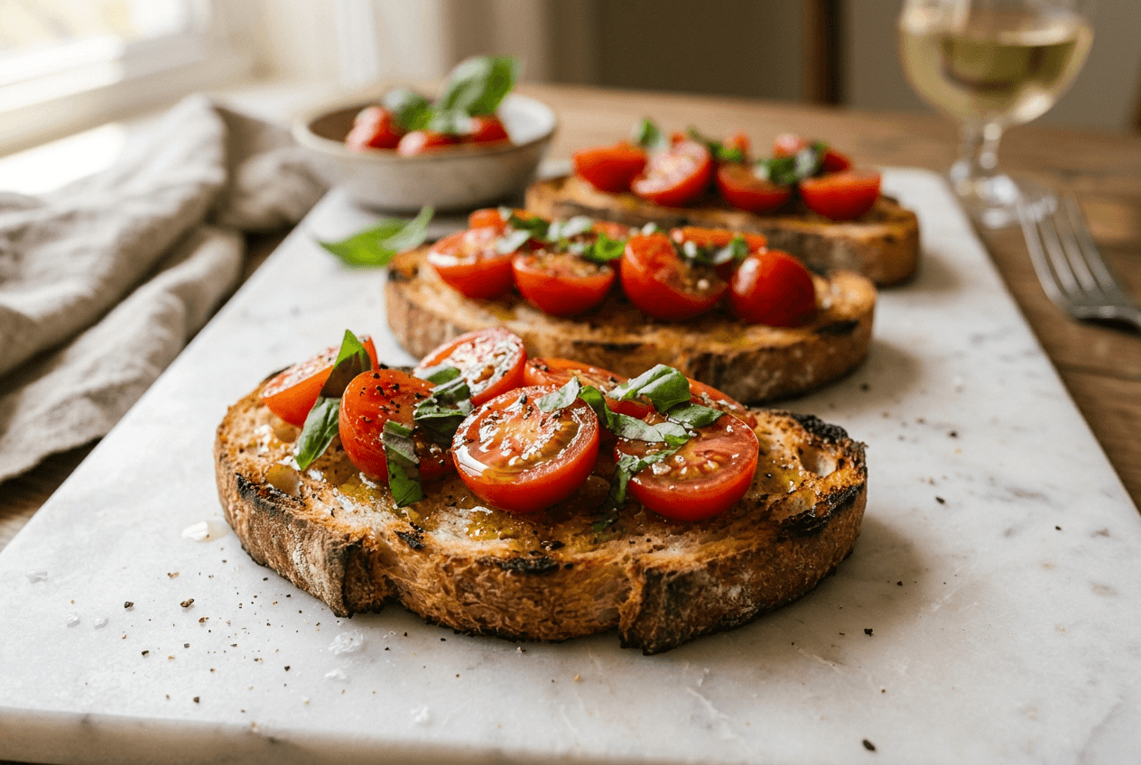 Professionally color-graded bruschetta showing vibrant natural food colors achieved with AI food photography tools