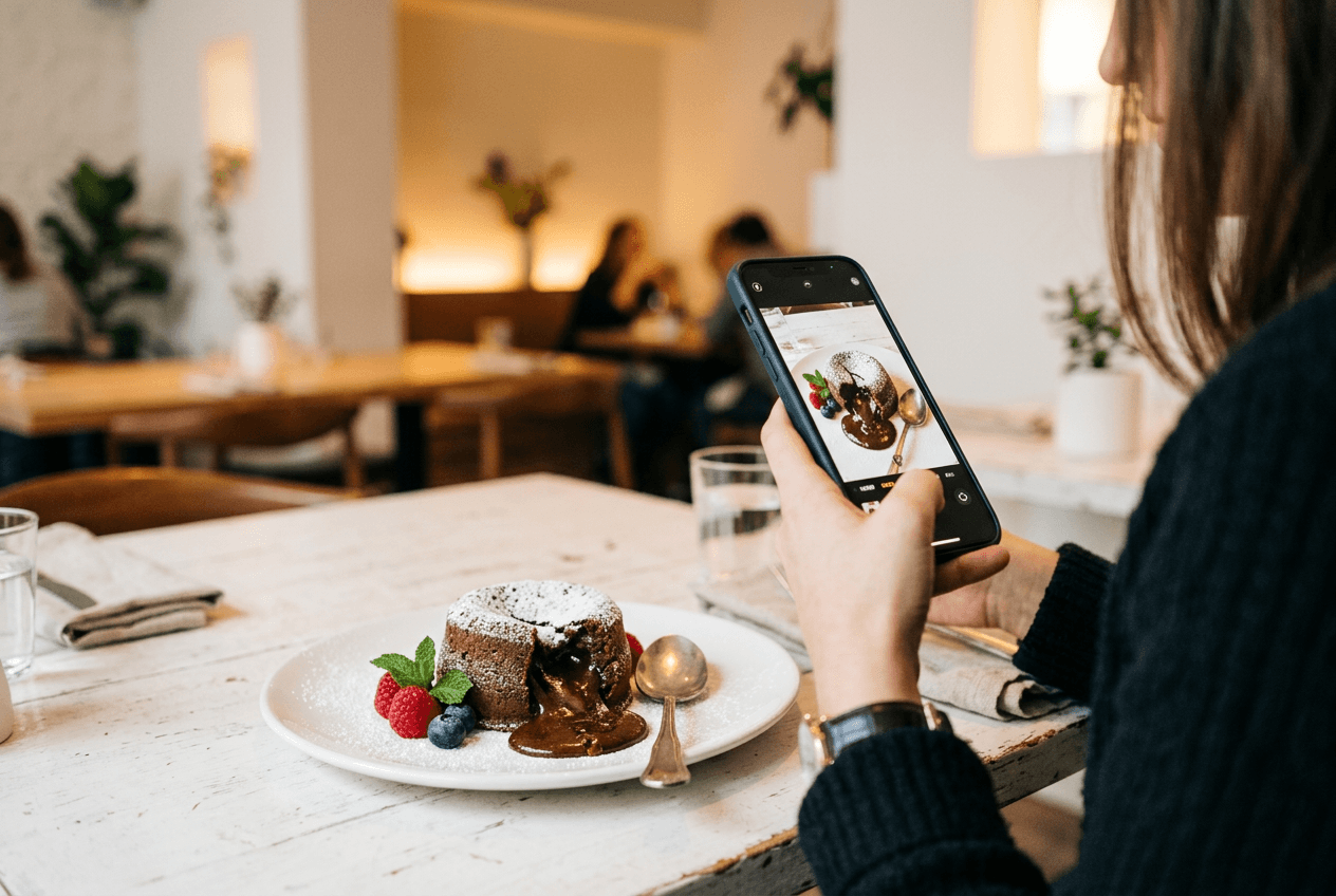 Smartphone capturing chocolate lava cake for AI food color grading showing phone-to-professional workflow