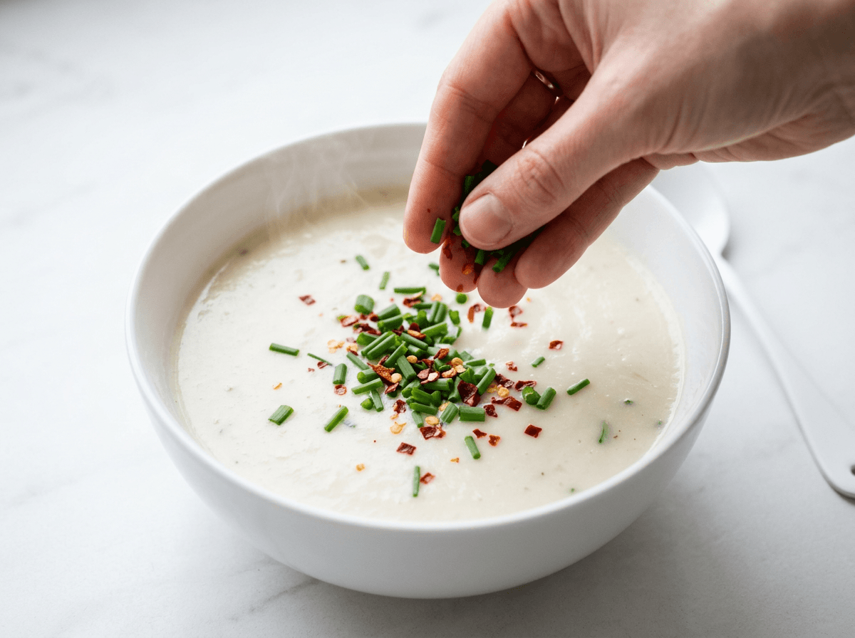 Food color grading challenge on white background with vibrant garnish colors against white soup and surface