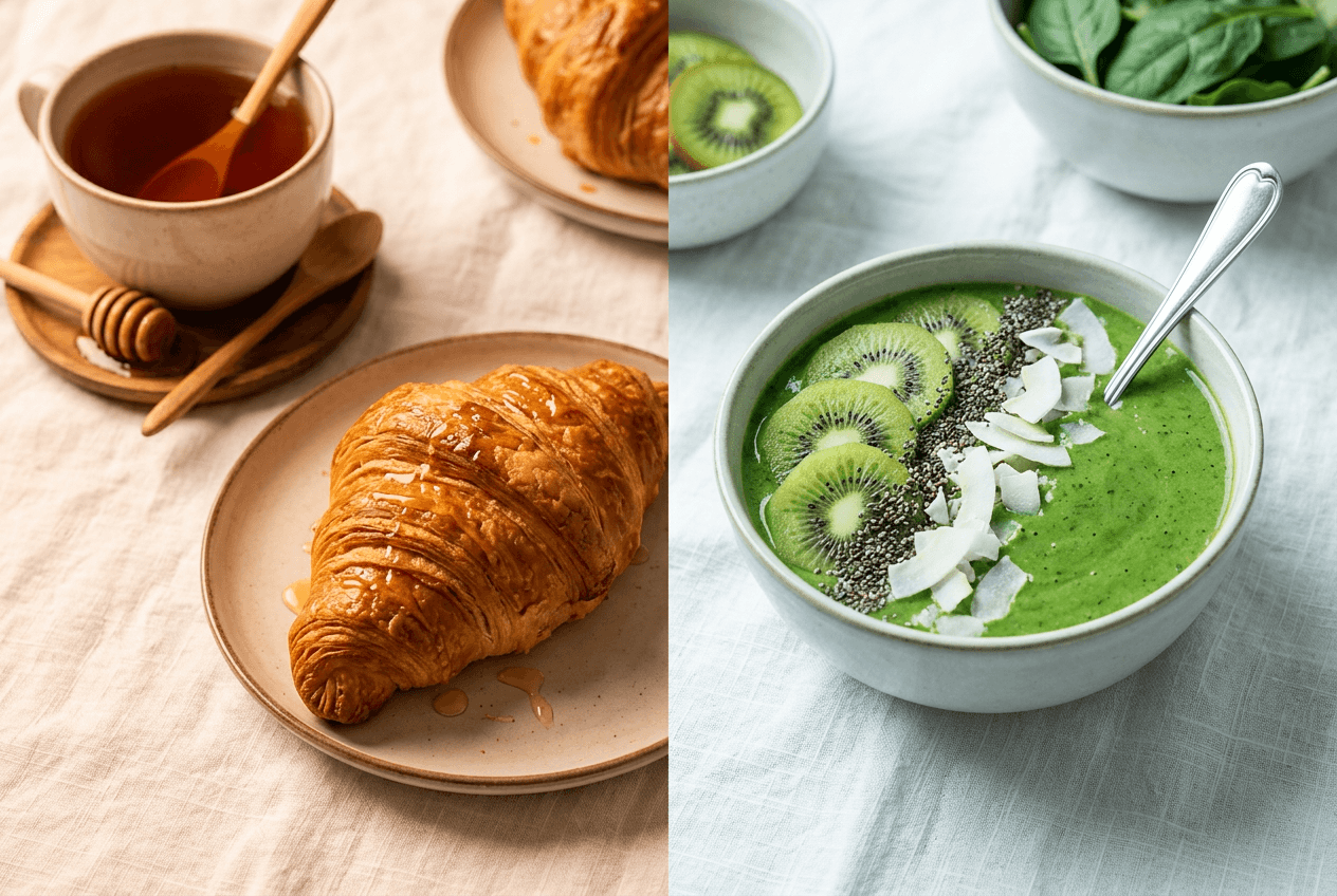 Color theory comparison in food photography showing warm comfort food tones versus cool fresh food tones