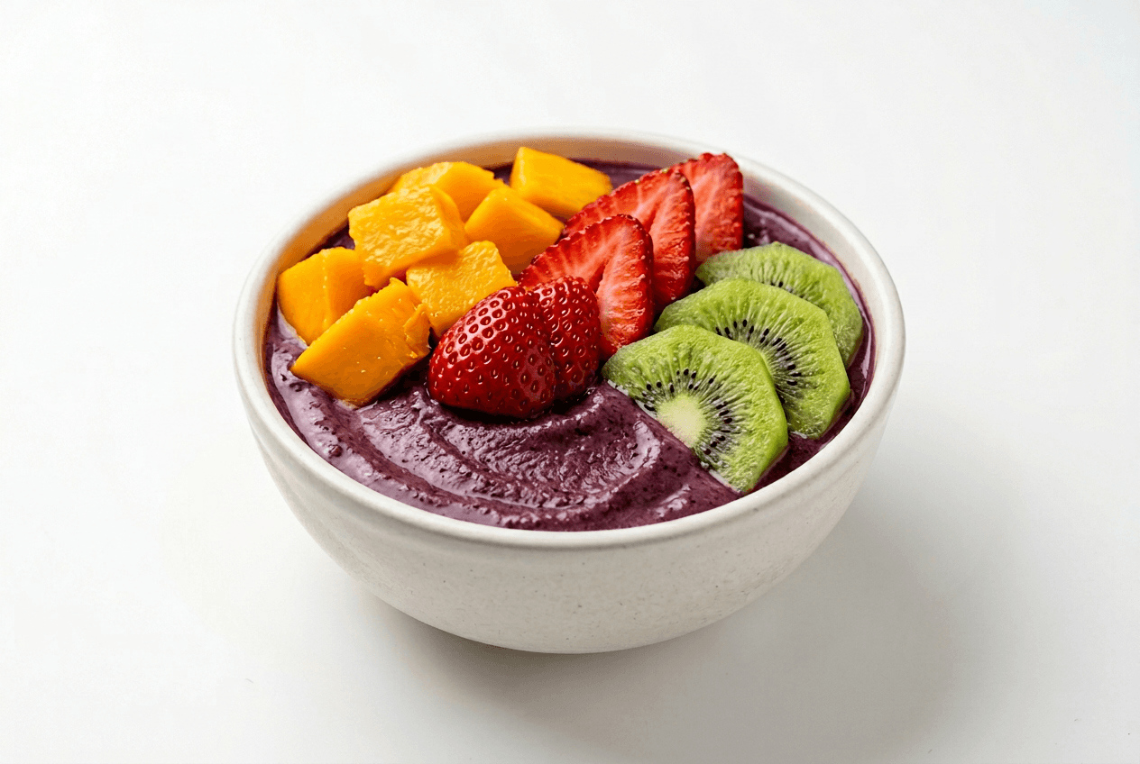 Colorful acai bowl on white background showing HSL color channels for food color grading adjustments