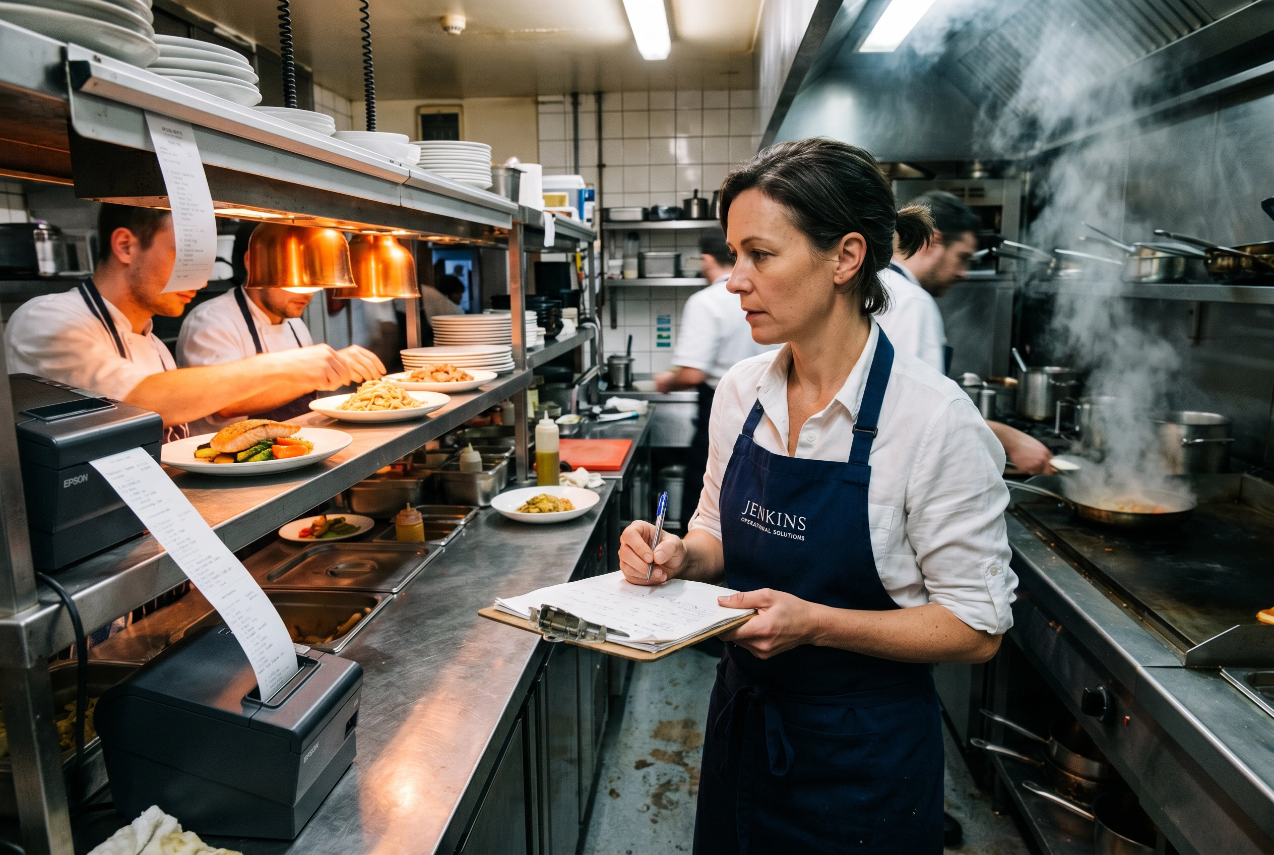 Food consultant taking notes on a clipboard while observing line cooks during dinner service in a restaurant kitchen