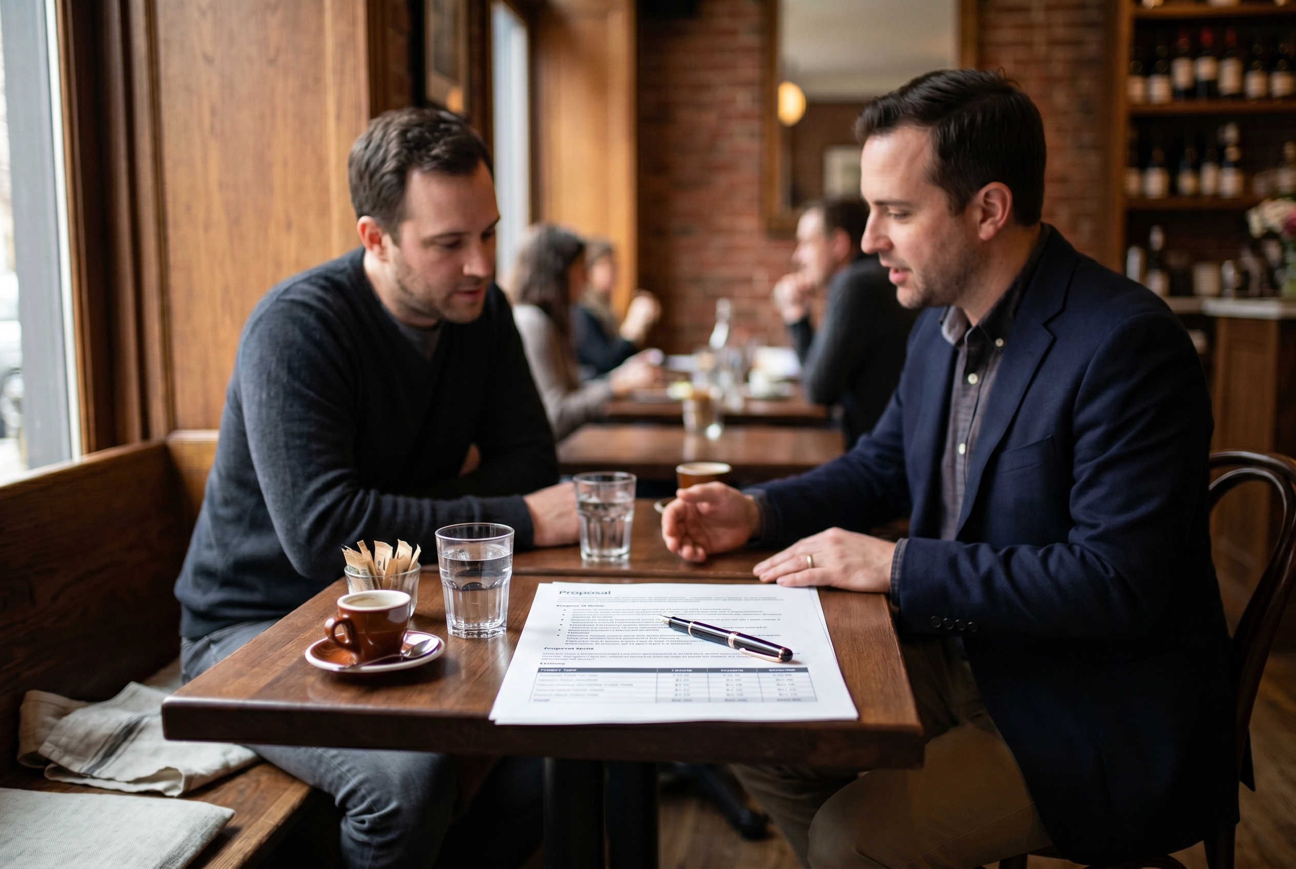 Food consultant and restaurant owner reviewing a scope-of-work proposal with pricing tiers at a café table