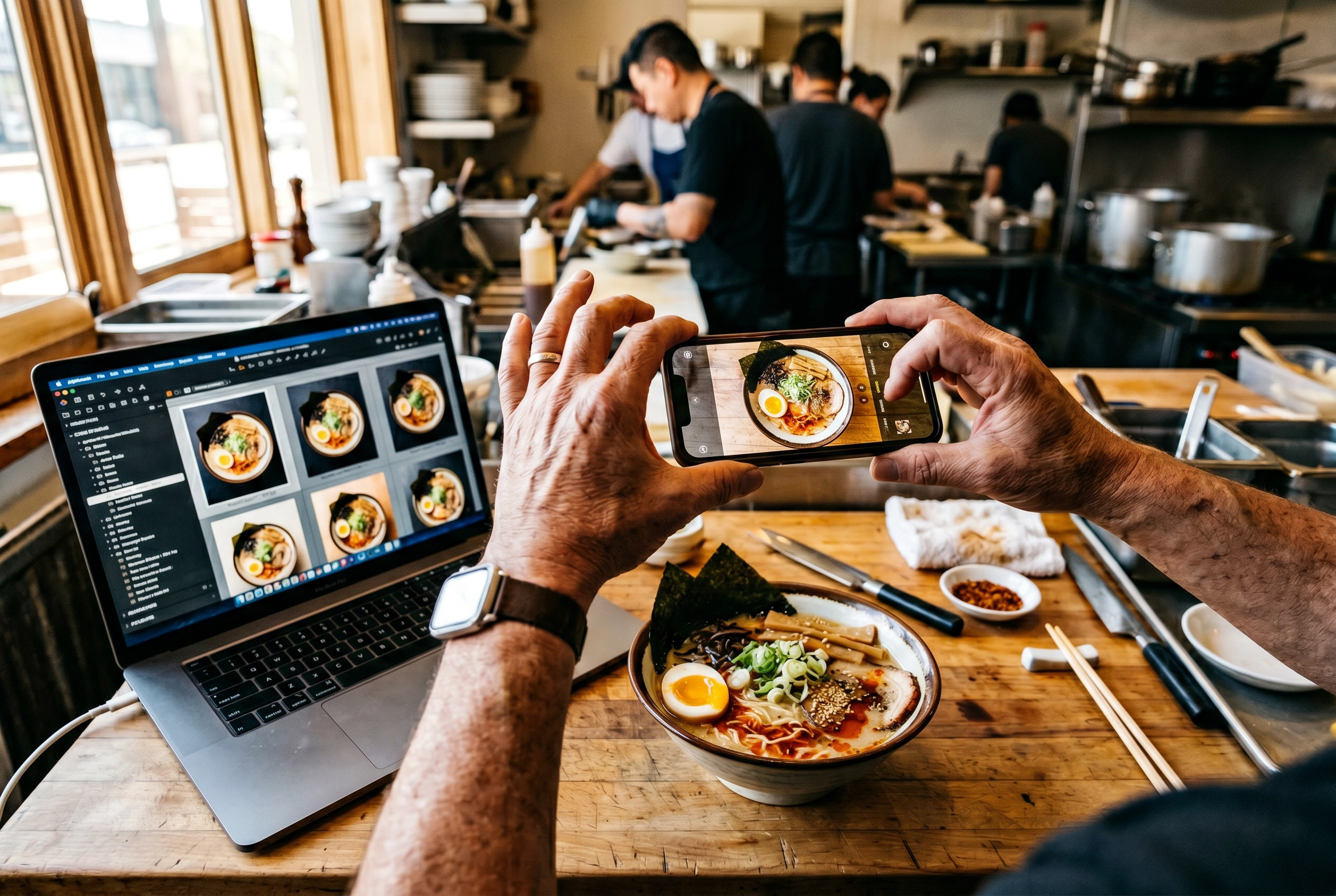 Restaurant owner photographing a bowl of ramen with a smartphone while an AI-enhanced version appears on a laptop beside the dish
