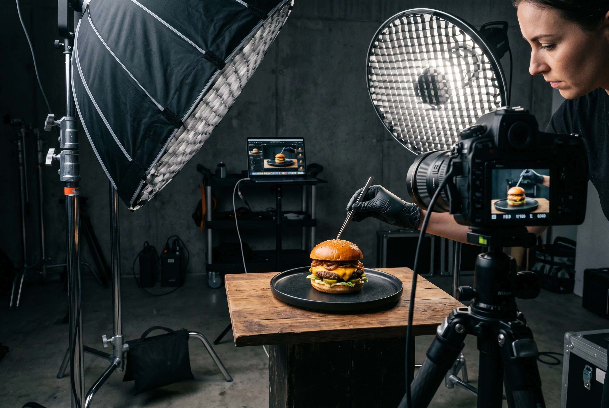 Professional food photography studio shoot with softbox lighting, food stylist placing sesame seed on a burger with tweezers