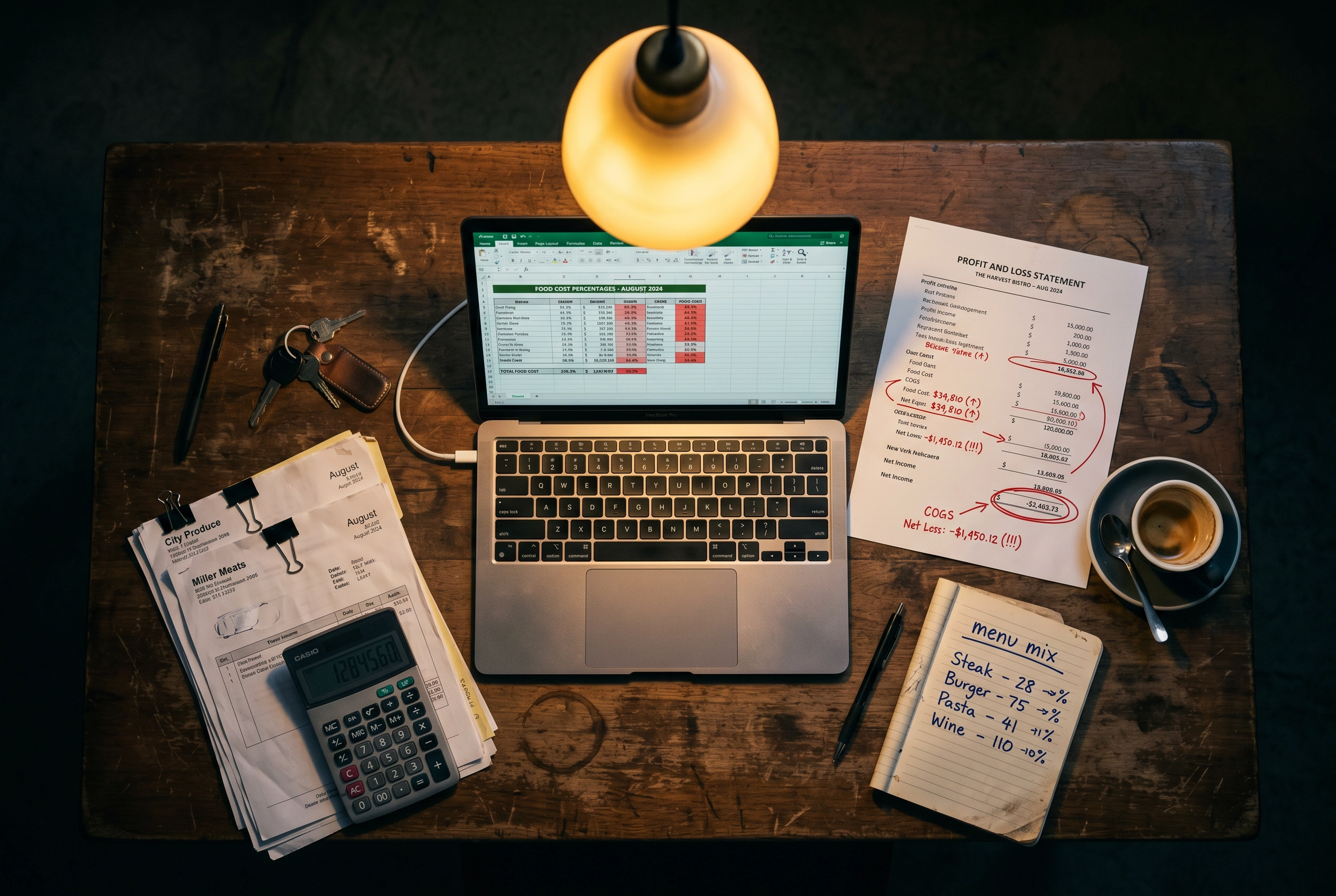 Overhead view of a restaurant office desk with P&L statement, laptop spreadsheet, and handwritten notes on food cost analysis