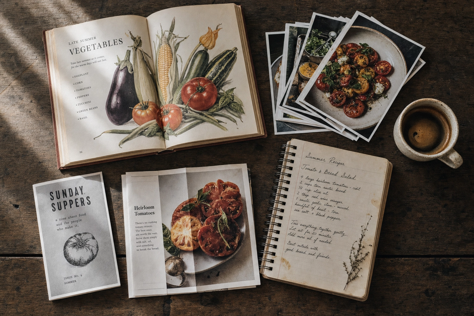 Overhead still life of cookbook, printed food photos, recipe journal and espresso showing food content variety
