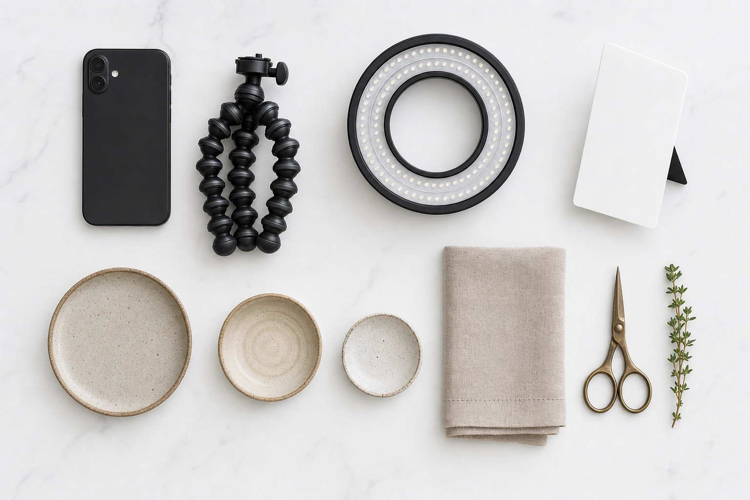 Overhead flat lay of food creator essential gear including smartphone tripod ring light reflector and props on white marble