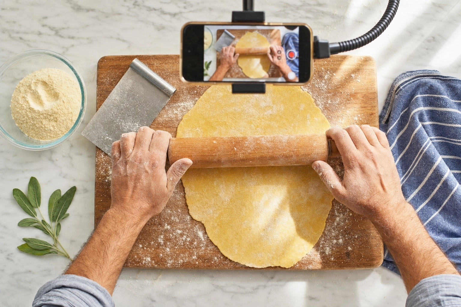 Hands rolling fresh pasta dough being filmed from above by smartphone on tripod showing audience building content creation