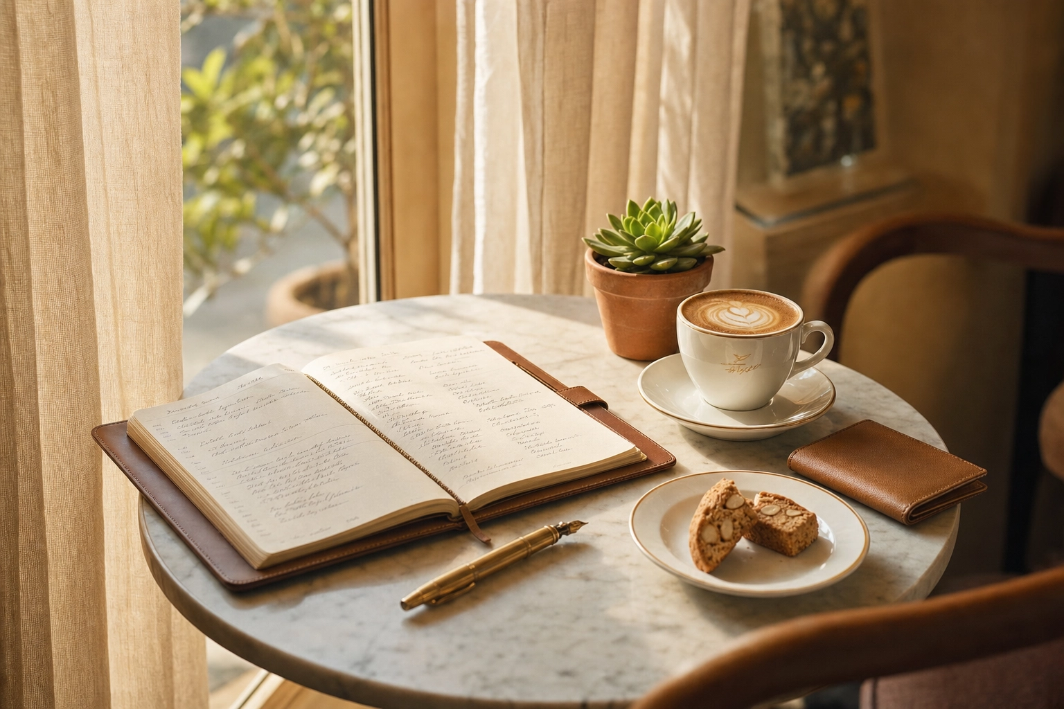 Warm coffee shop scene with planner and cappuccino representing food creator income streams and business planning