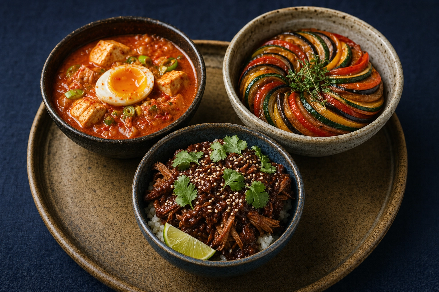 Three bowls showing Korean kimchi jjigae French ratatouille and Mexican mole demonstrating food creator niche cuisines