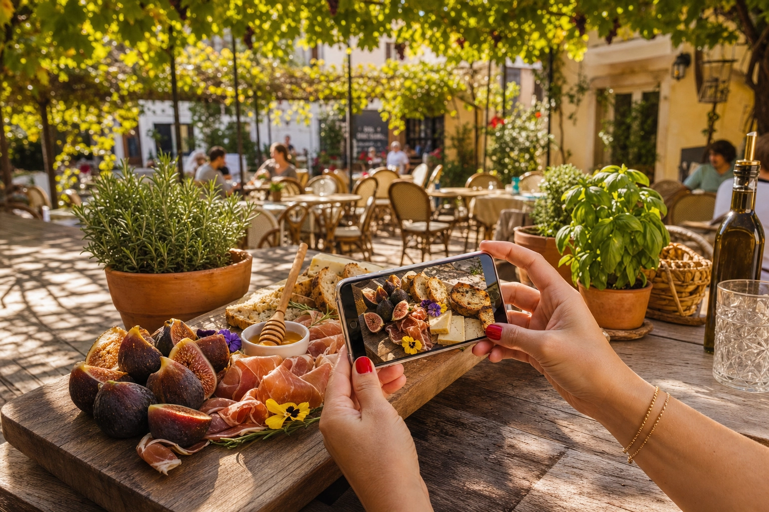 Hands photographing styled brunch charcuterie board on outdoor Mediterranean cafe terrace showing audience building strategy