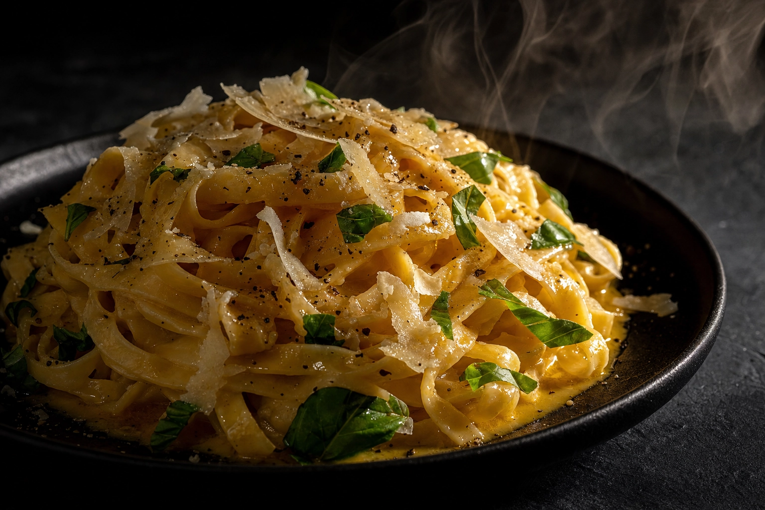 Dramatic dark moody close-up of Italian fettuccine pasta with parmesan showing professional food photography quality