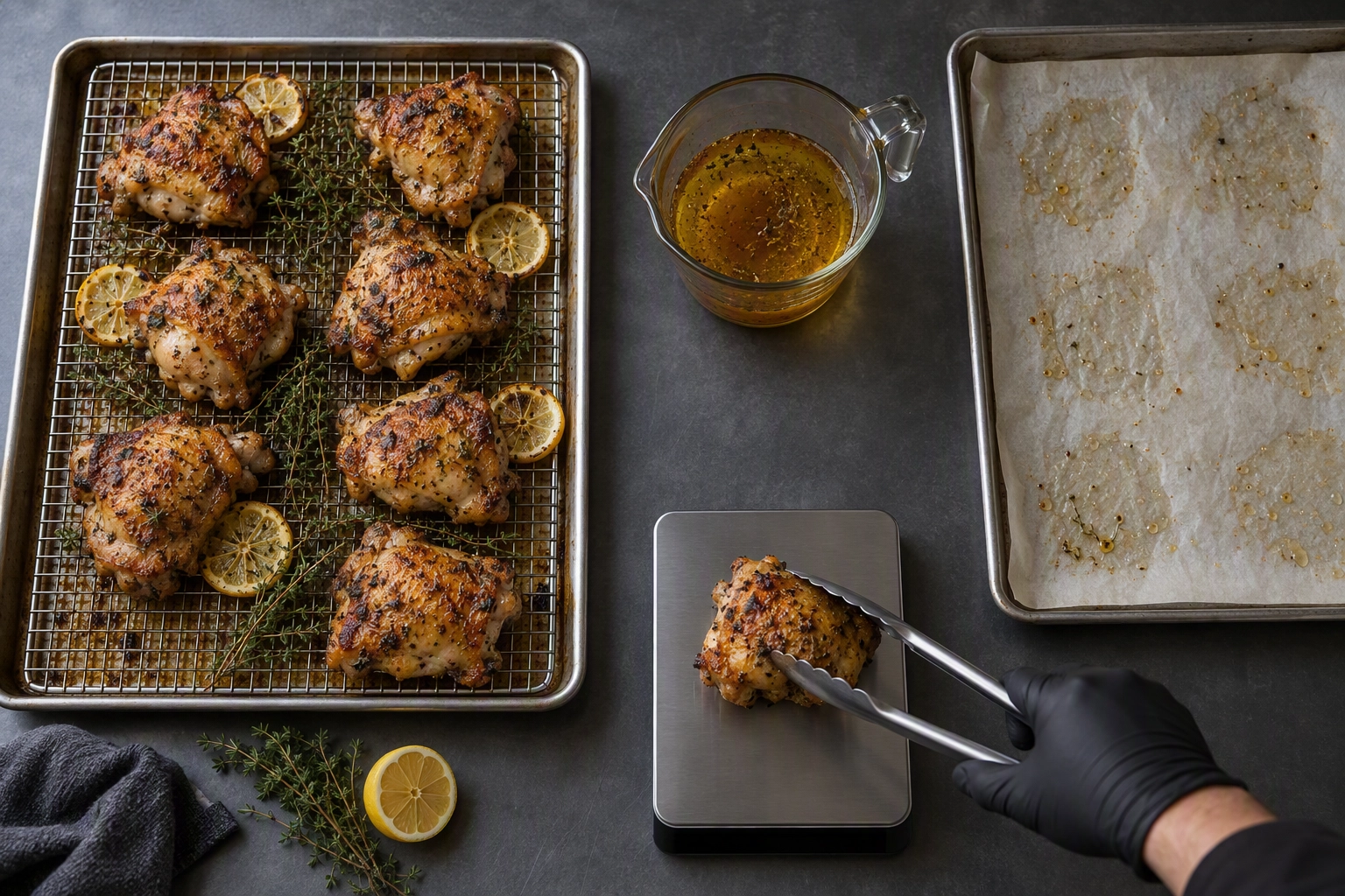Roasted chicken thigh test batch with its drained pan juices, weighed to find cooked yield for catering tray food cost
