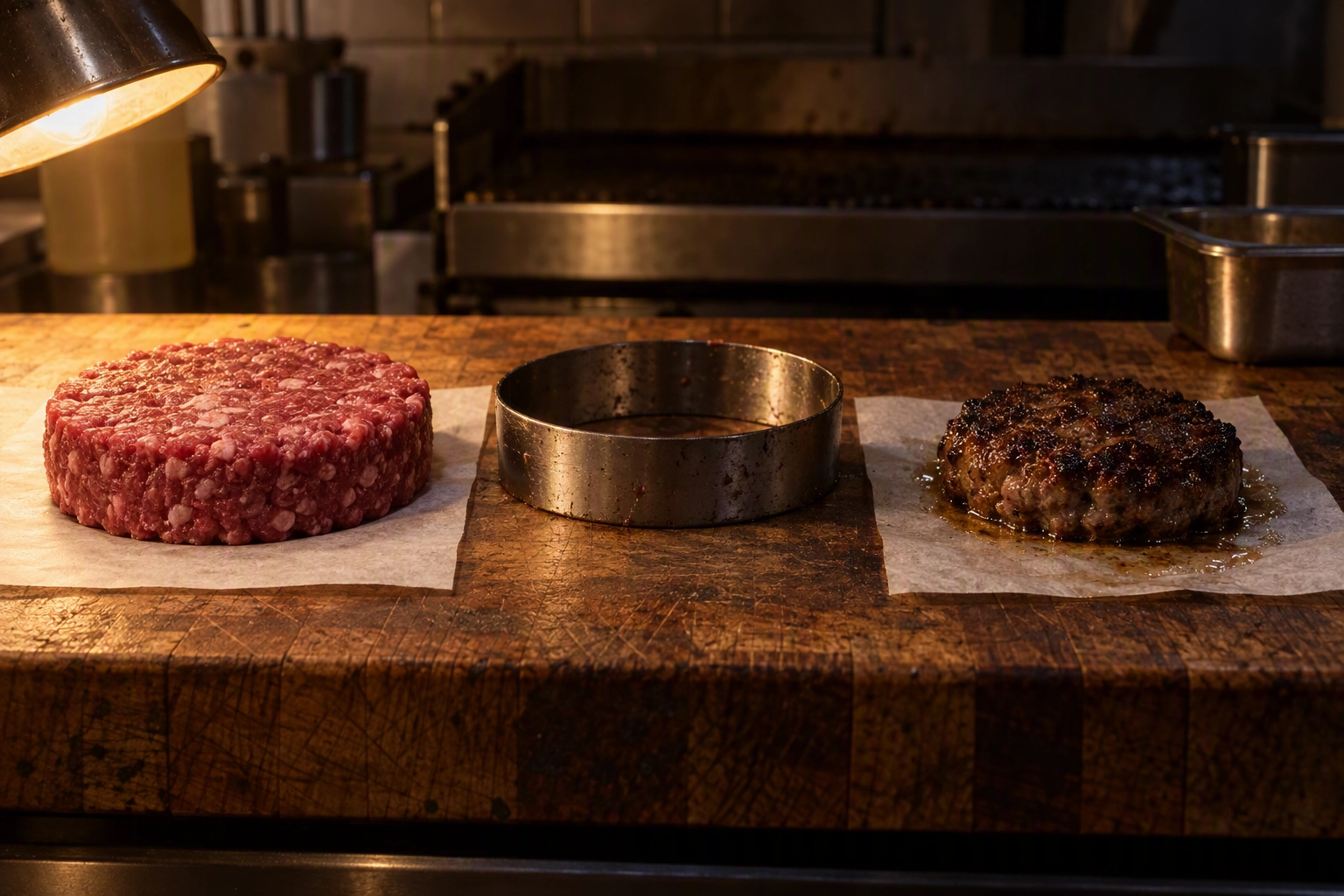 Raw beef patty beside the same patty after cooking, the cook shrink already paid for in a burger's food cost