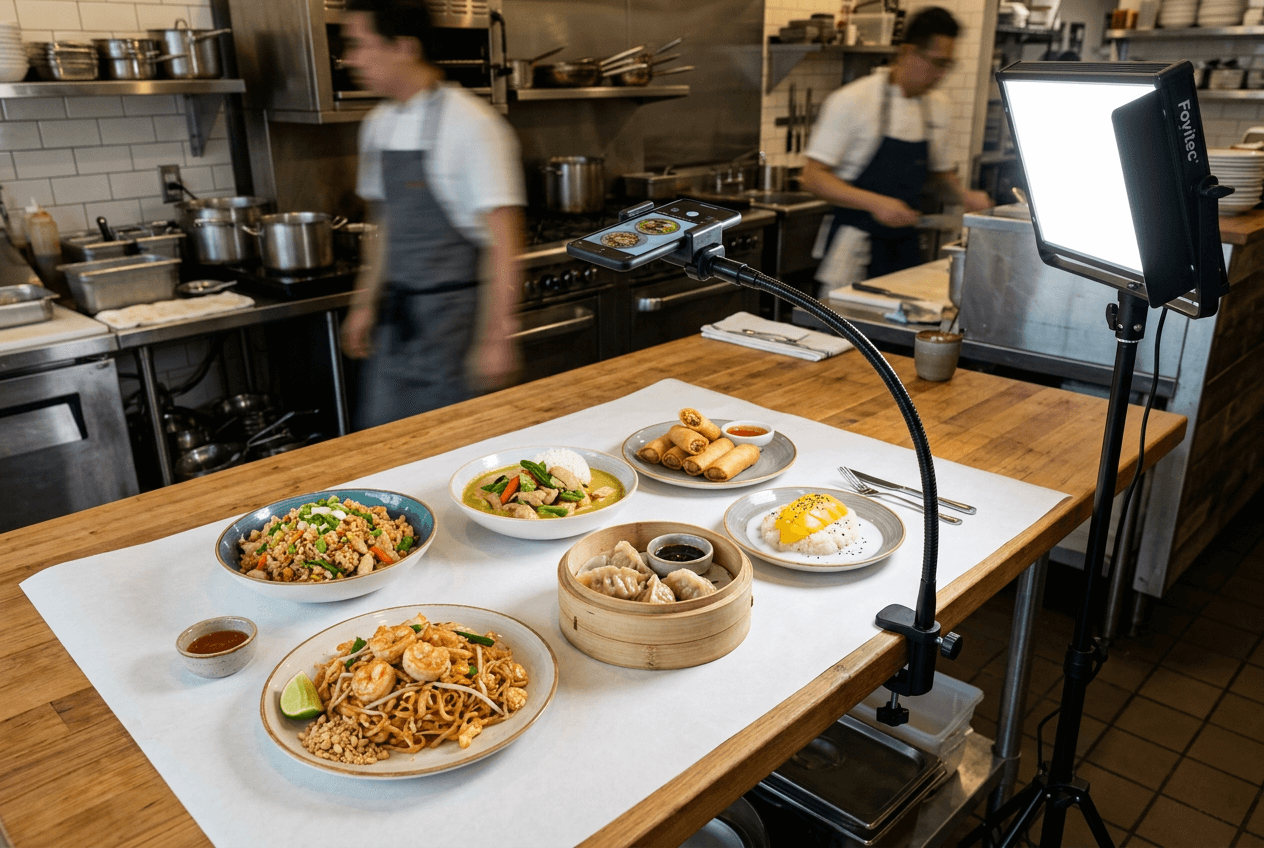 Batch food photography session with six dishes lined up for efficient delivery menu shooting workflow