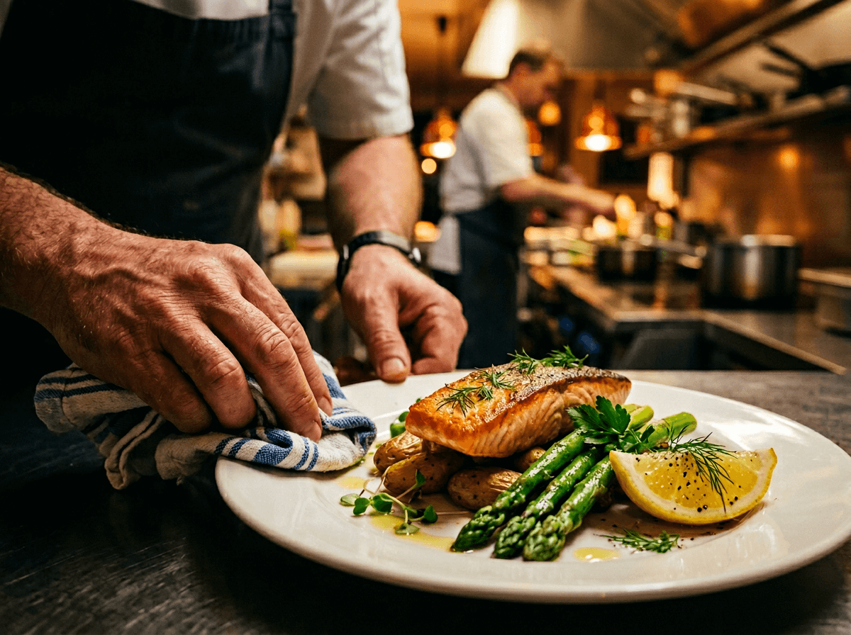 Chef preparing a plated salmon dish for food photography by wiping the plate rim clean