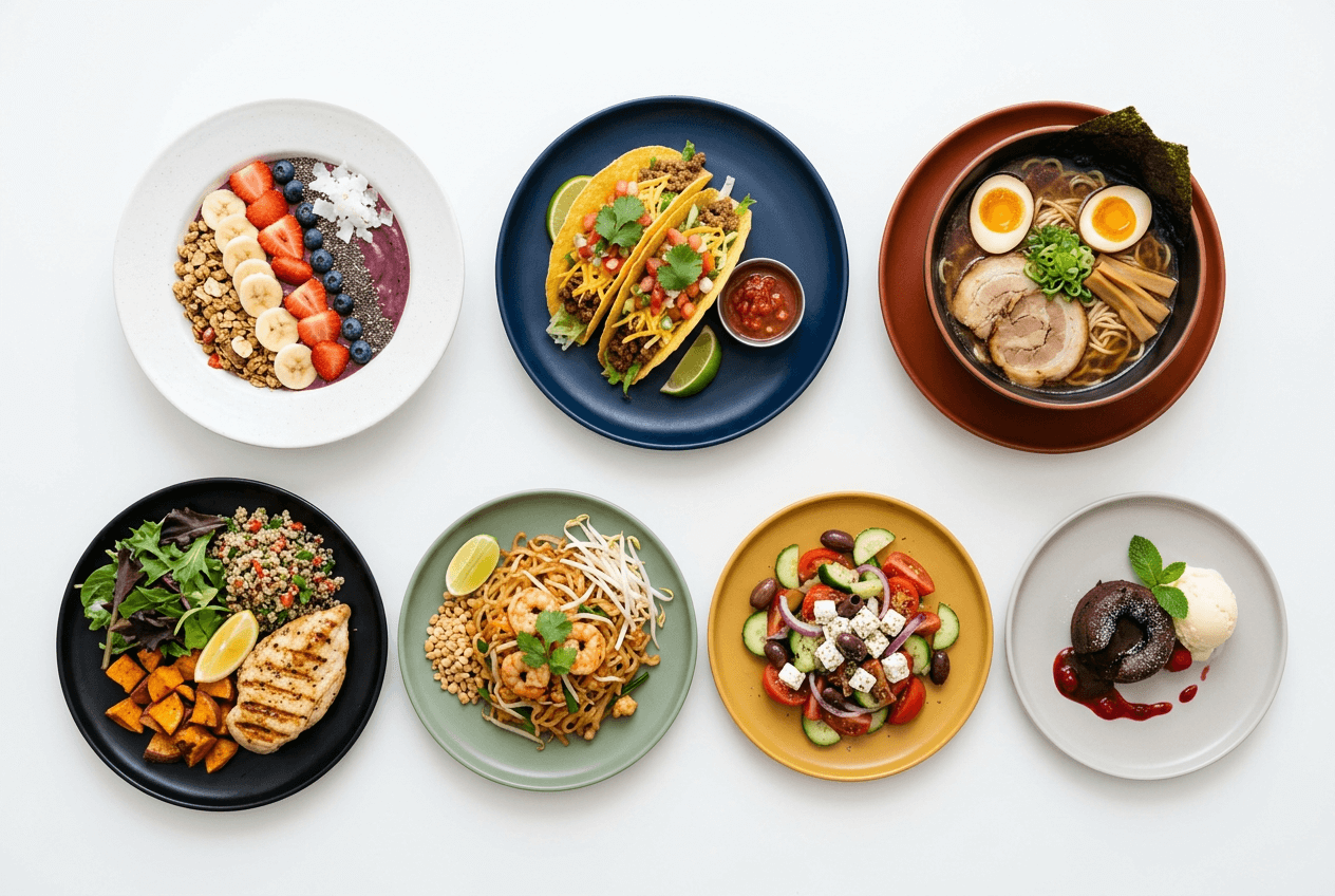 Seven different restaurant dishes photographed overhead showing consistent food photography style for delivery menus
