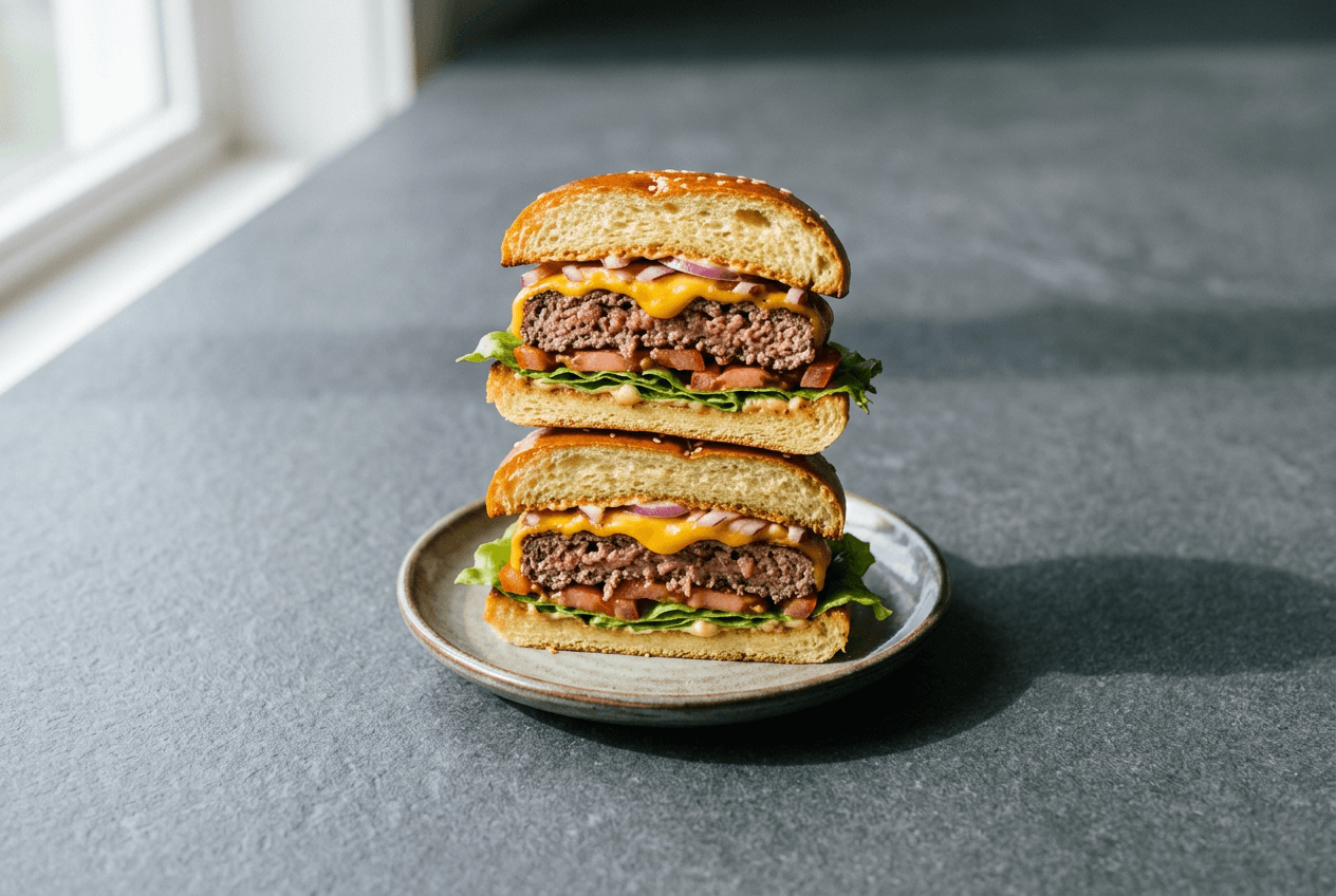 Perfectly centered burger food photo with breathing room for delivery app cropping to different aspect ratios