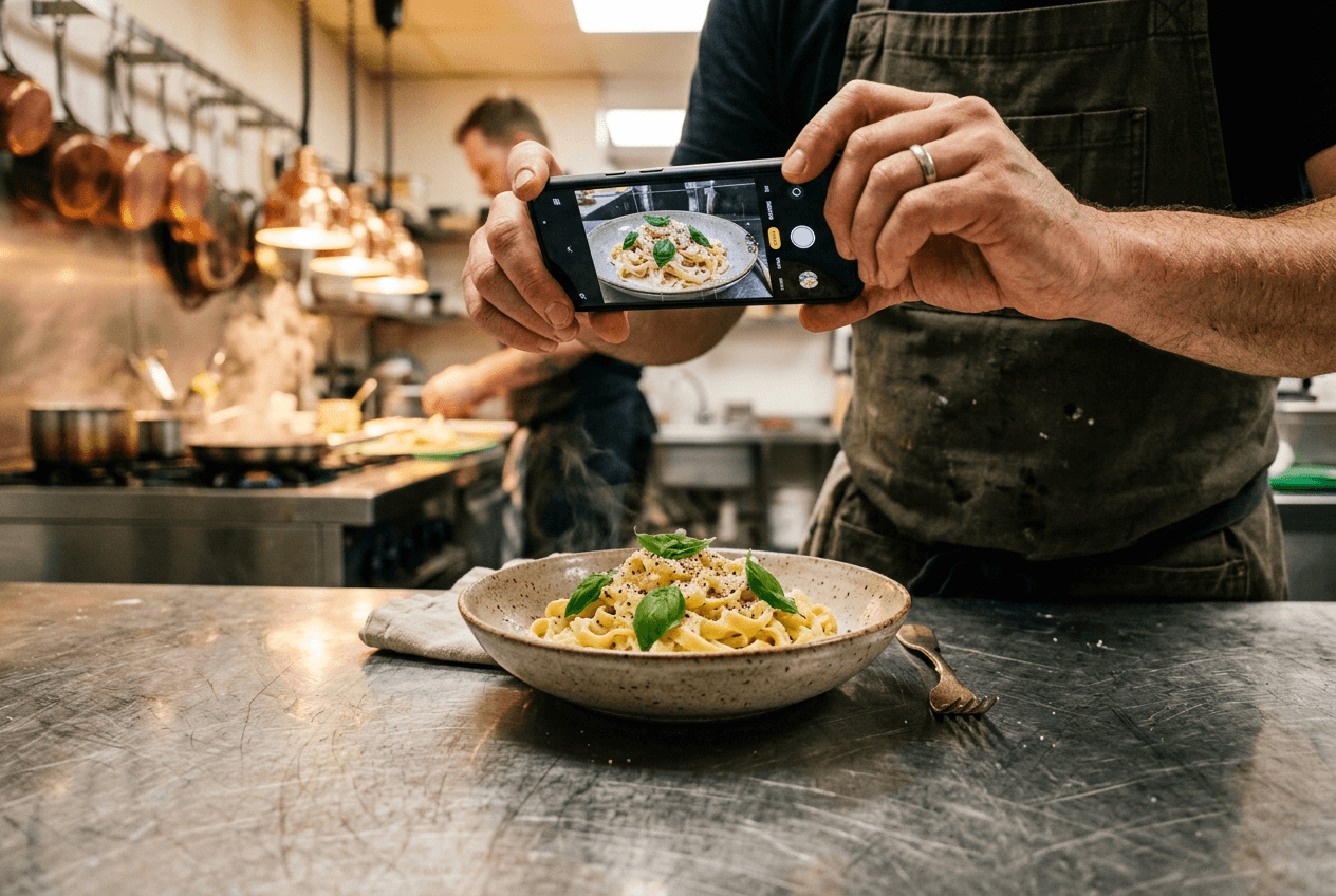 Restaurant worker quickly photographing pasta dish with smartphone in busy kitchen for delivery app menu