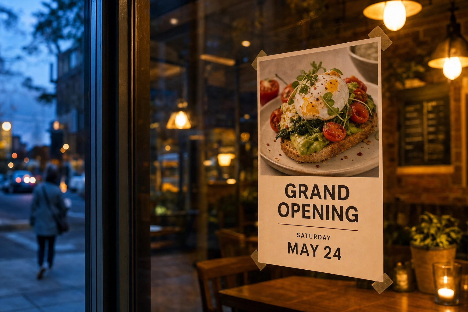 A bright grand opening food flyer taped inside a cafe window at dusk, glowing against the warm interior light with a plated dish photo dominating the layout