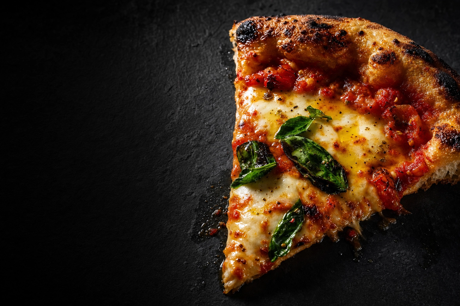 A single glossy dish shot on dark slate with dramatic side lighting and generous dark negative space, demonstrating where a food flyer headline would sit