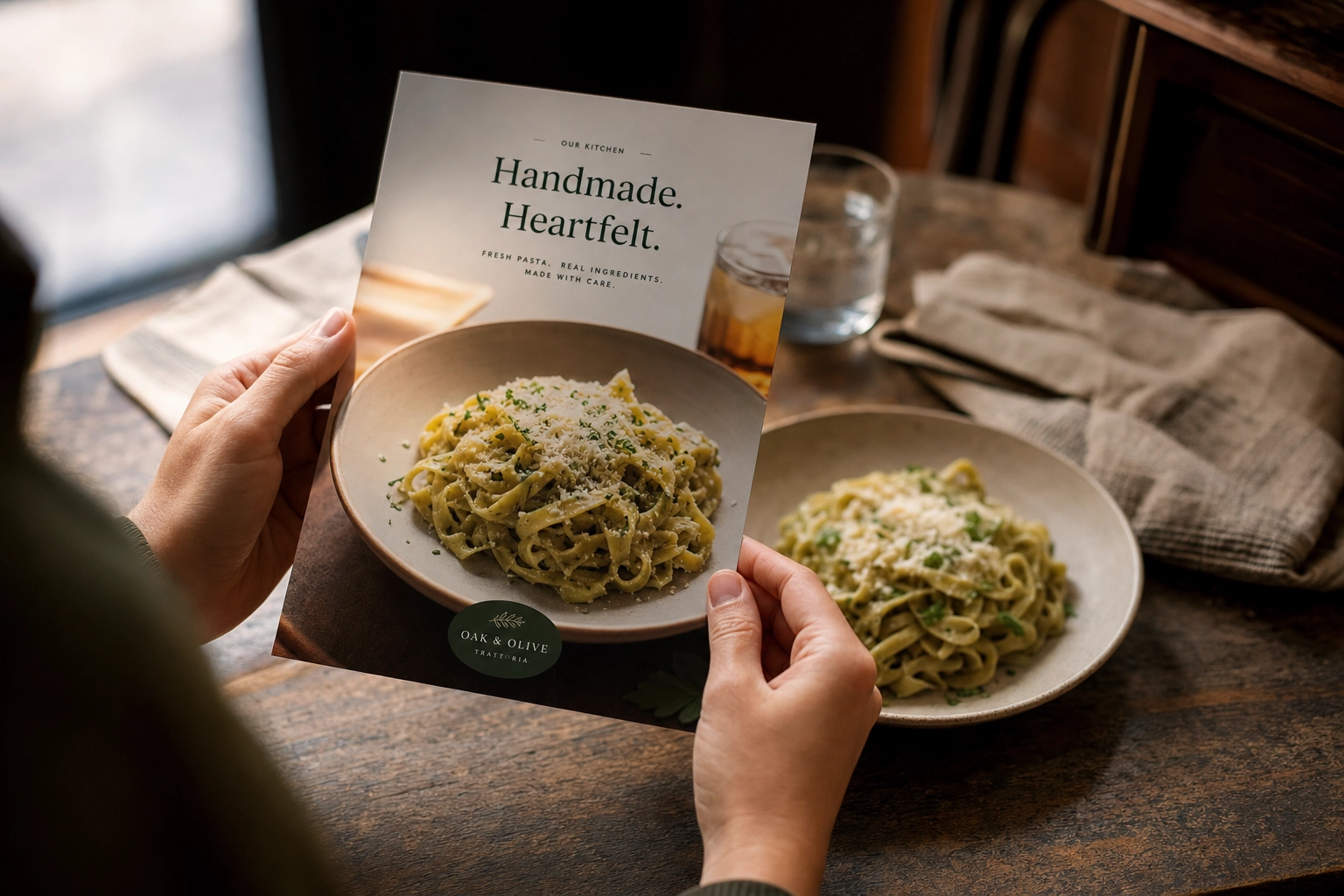 A restaurant owner's hands holding a freshly printed, polished food flyer above the same real plated dish on a bistro table, showing the photo-to-flyer result