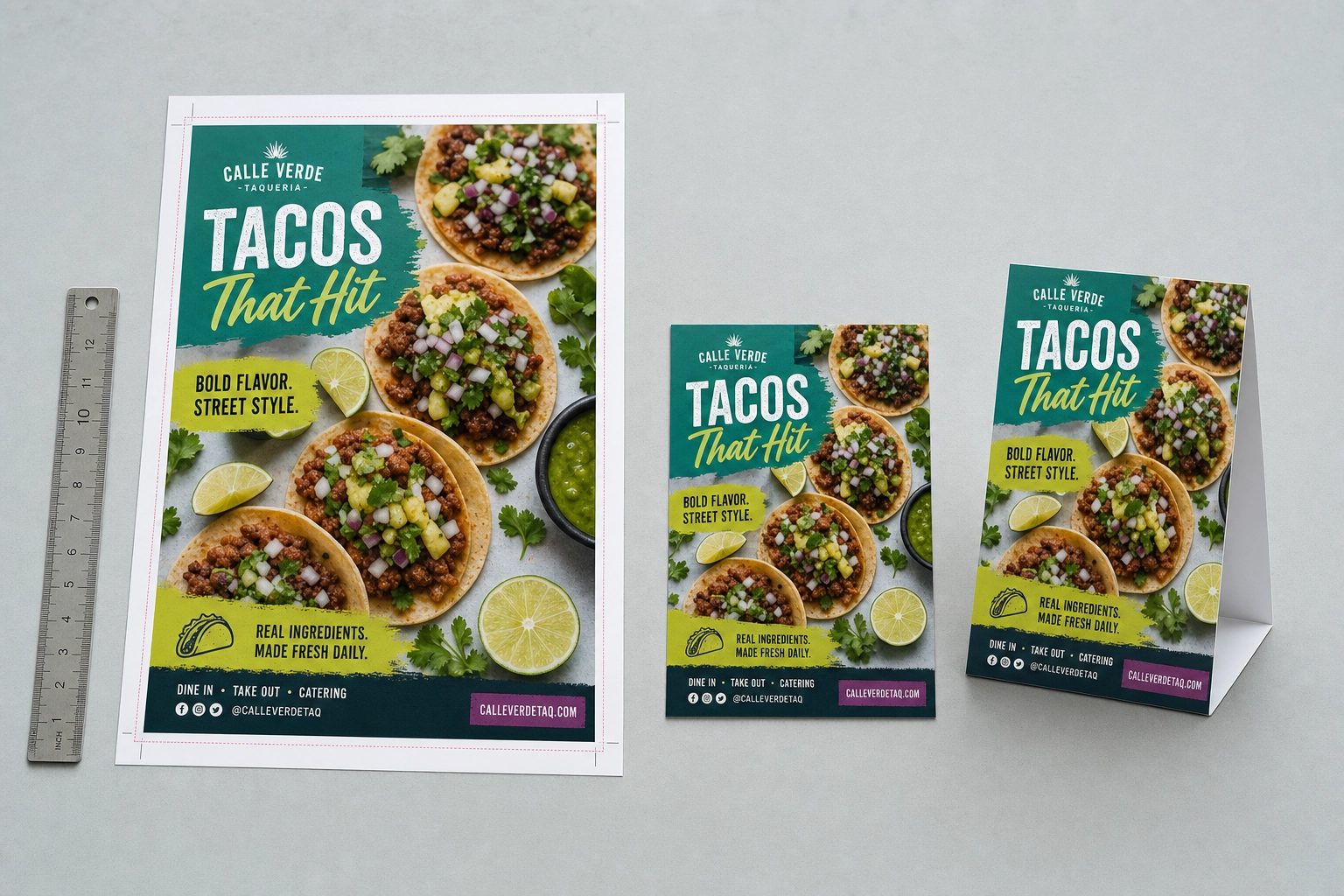 The same taco food flyer design reproduced at several print sizes with crop and bleed marks on a bright studio table, showing print versus social sizing