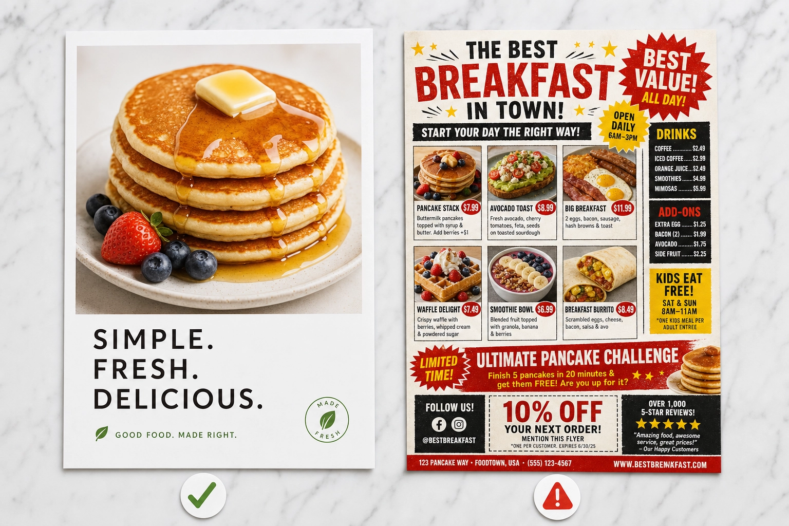 Two food flyers side by side on a marble surface, one clean and minimal with a single bold dish photo, the other cluttered with tiny text and a busy collage