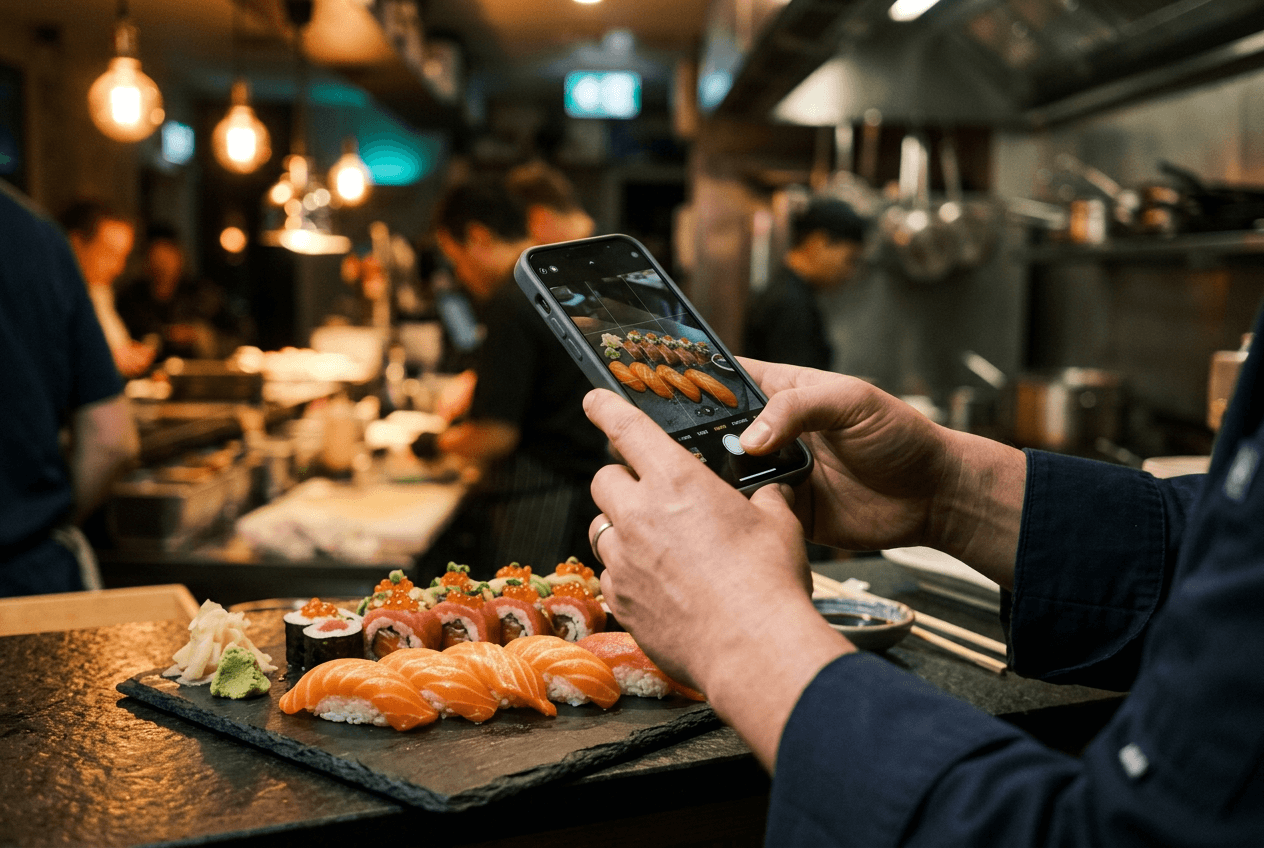 Restaurant owner photographing sushi with smartphone for AI food image enhancement
