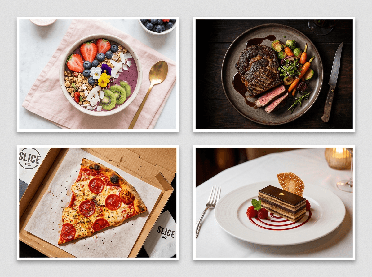 Four food photos showing different AI enhancement style presets for delivery, Instagram, fine dining, and restaurants