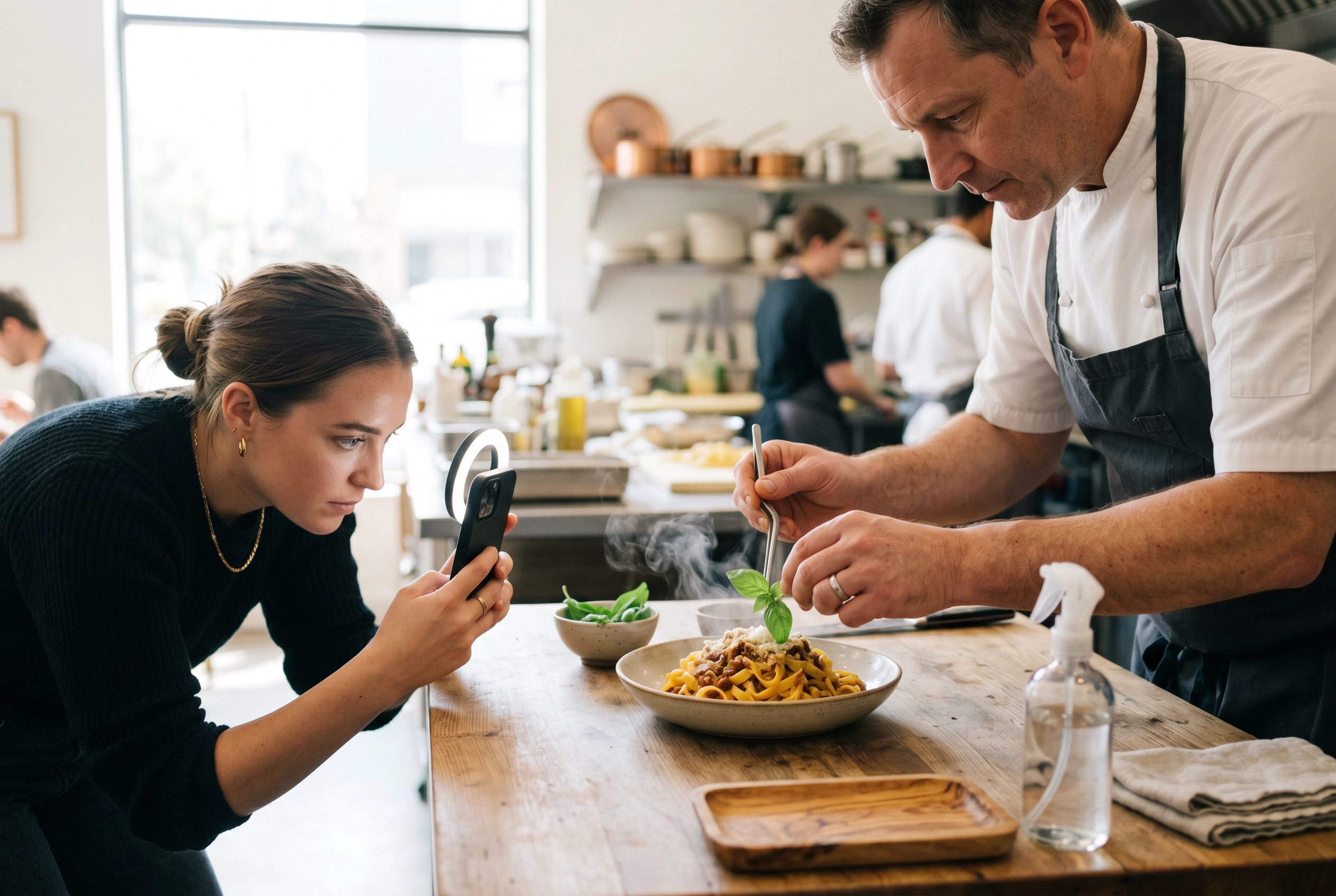 Chef plating pasta while a food creator captures the moment during a restaurant influencer visit