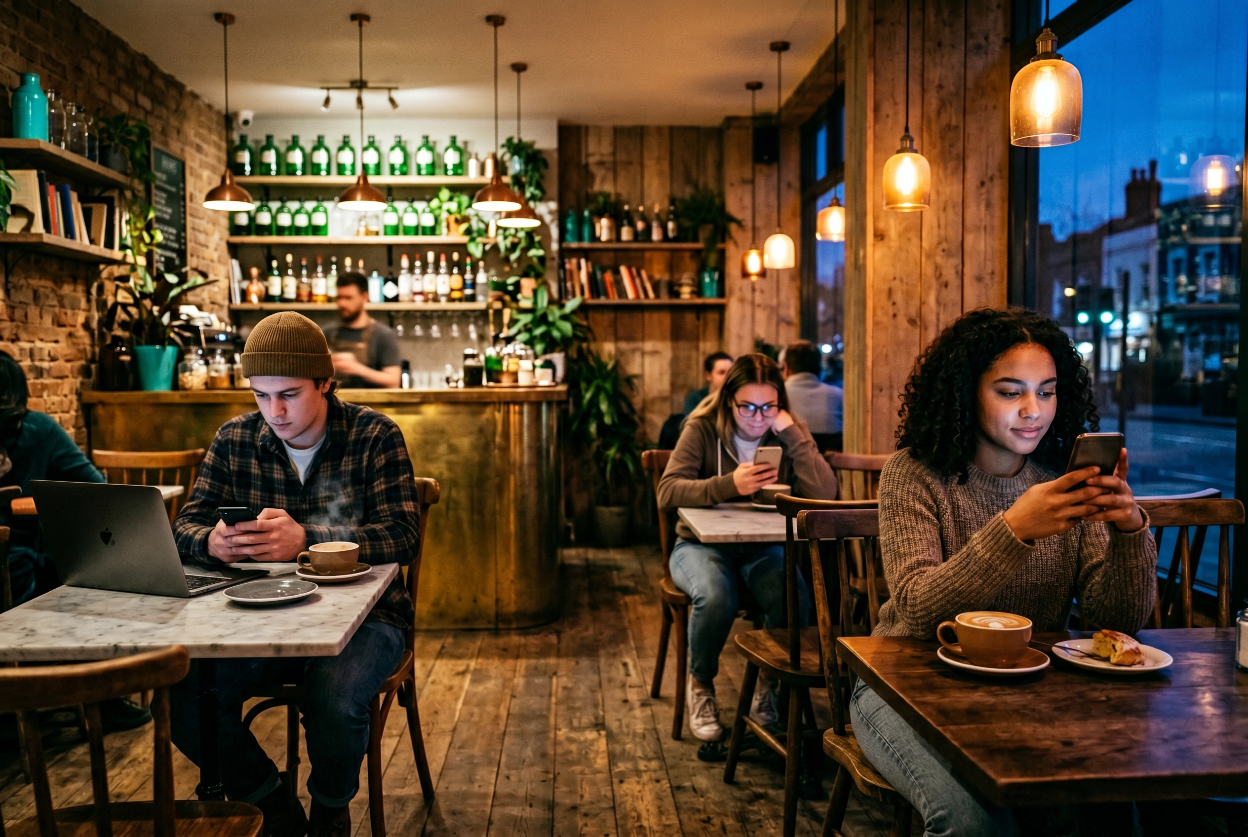 Diners at a cozy cafe browsing social media on their phones to decide where to eat next