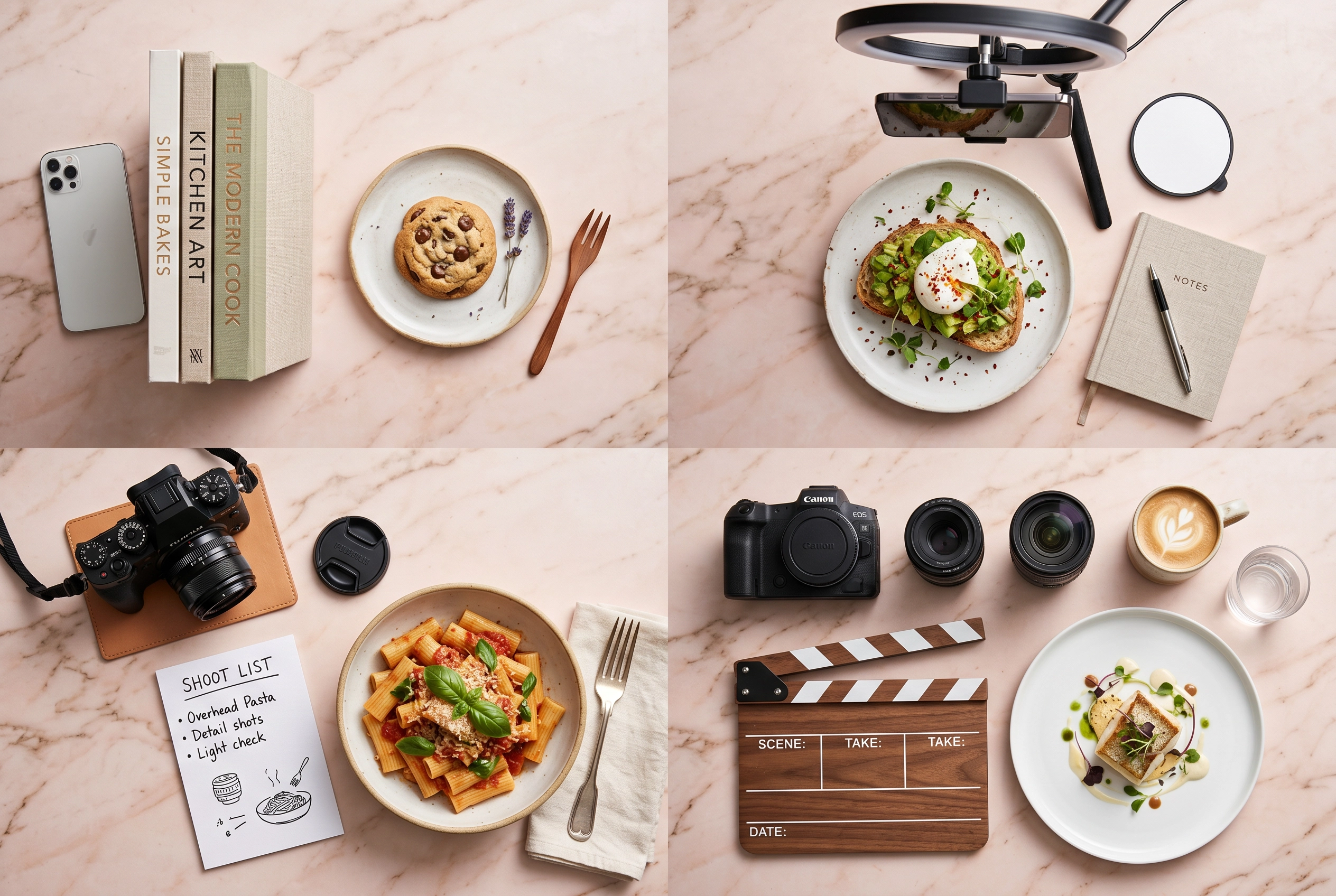 Overhead flat-lay comparing four tiers of food creator setups from nano to macro influencer scale