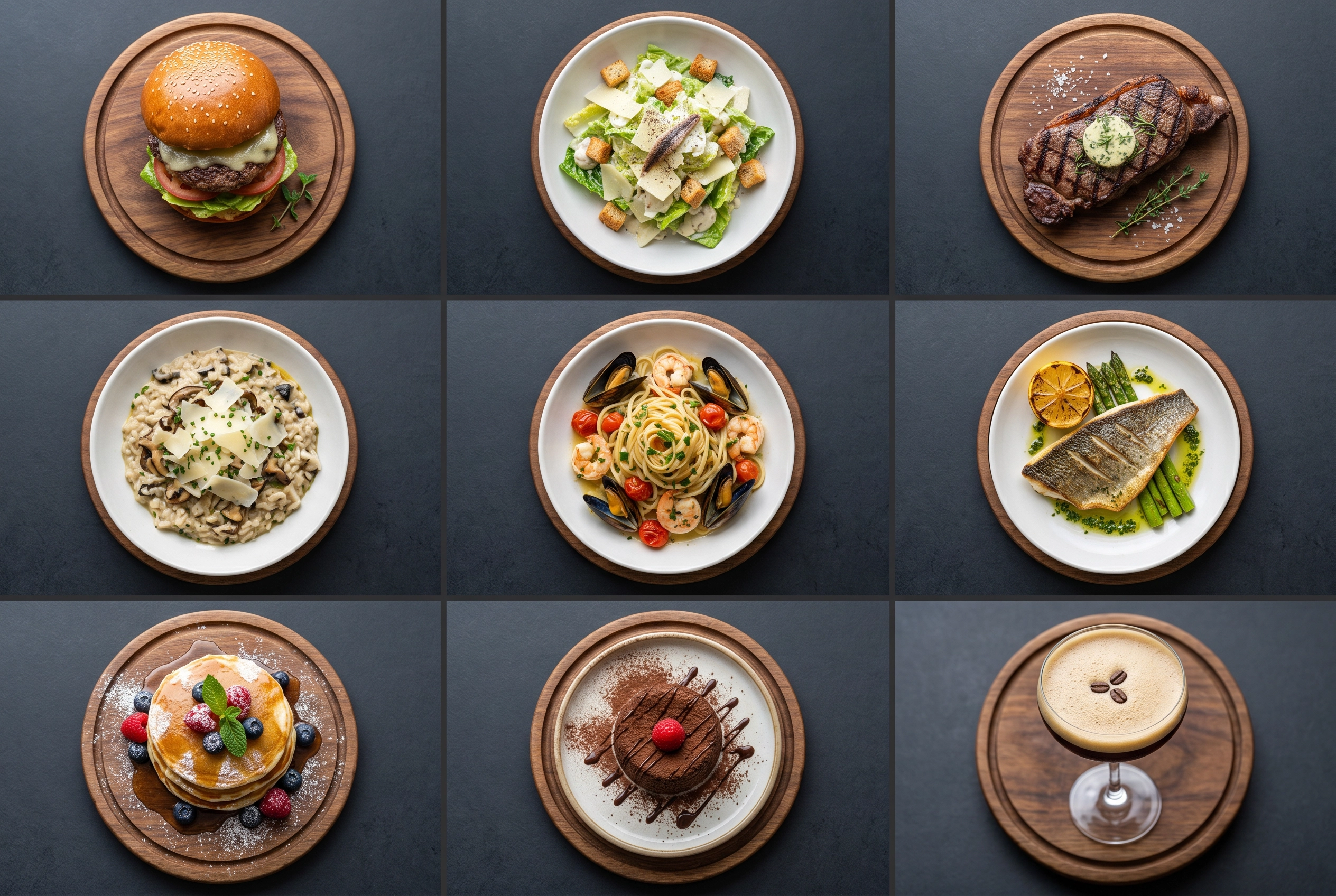 Grid of nine consistently styled restaurant dishes showing visual brand consistency across a menu