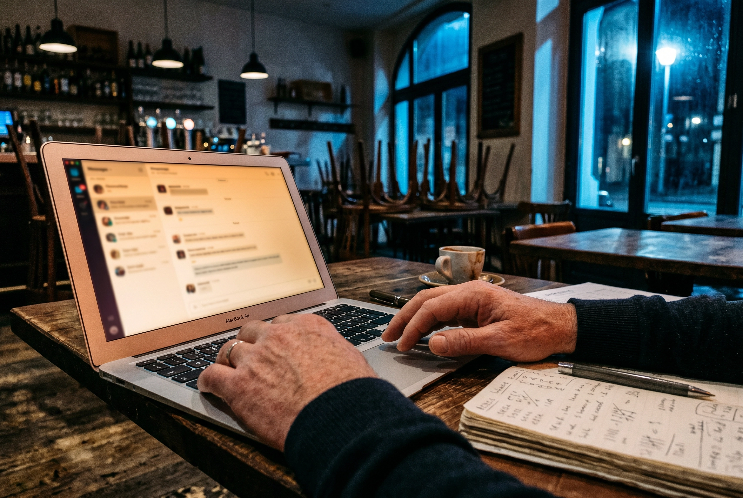 Restaurant owner reviewing food influencer outreach messages on a laptop after service hours