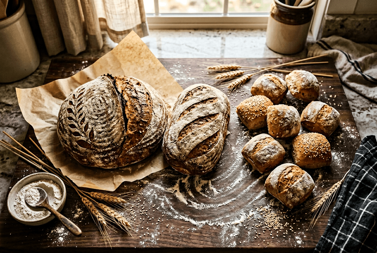 Fresh bread on flour-dusted dark wood bakery surface showing artisanal menu background style