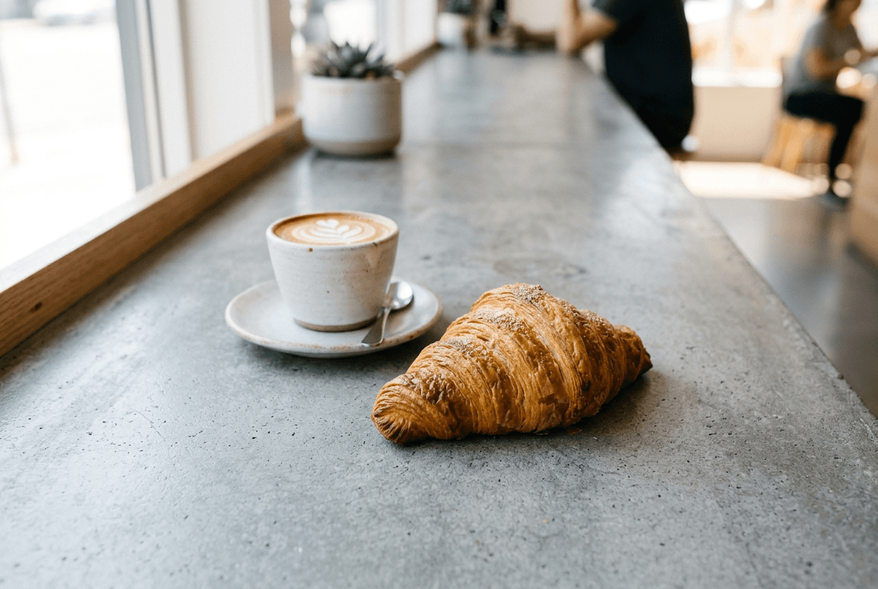 Croissant and latte on polished concrete surface showing modern cafe menu background aesthetic