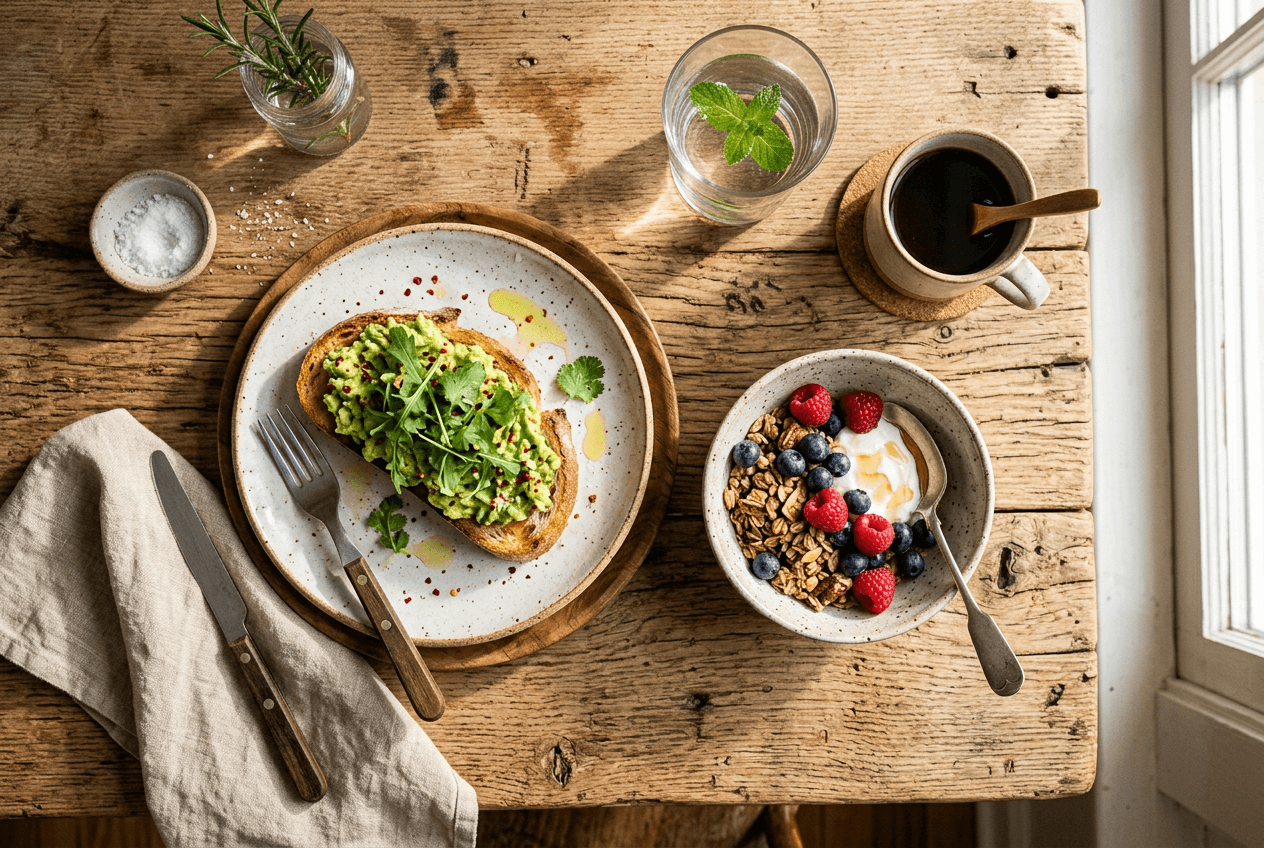 Brunch dishes on weathered reclaimed wood surface showing warm casual dining menu background