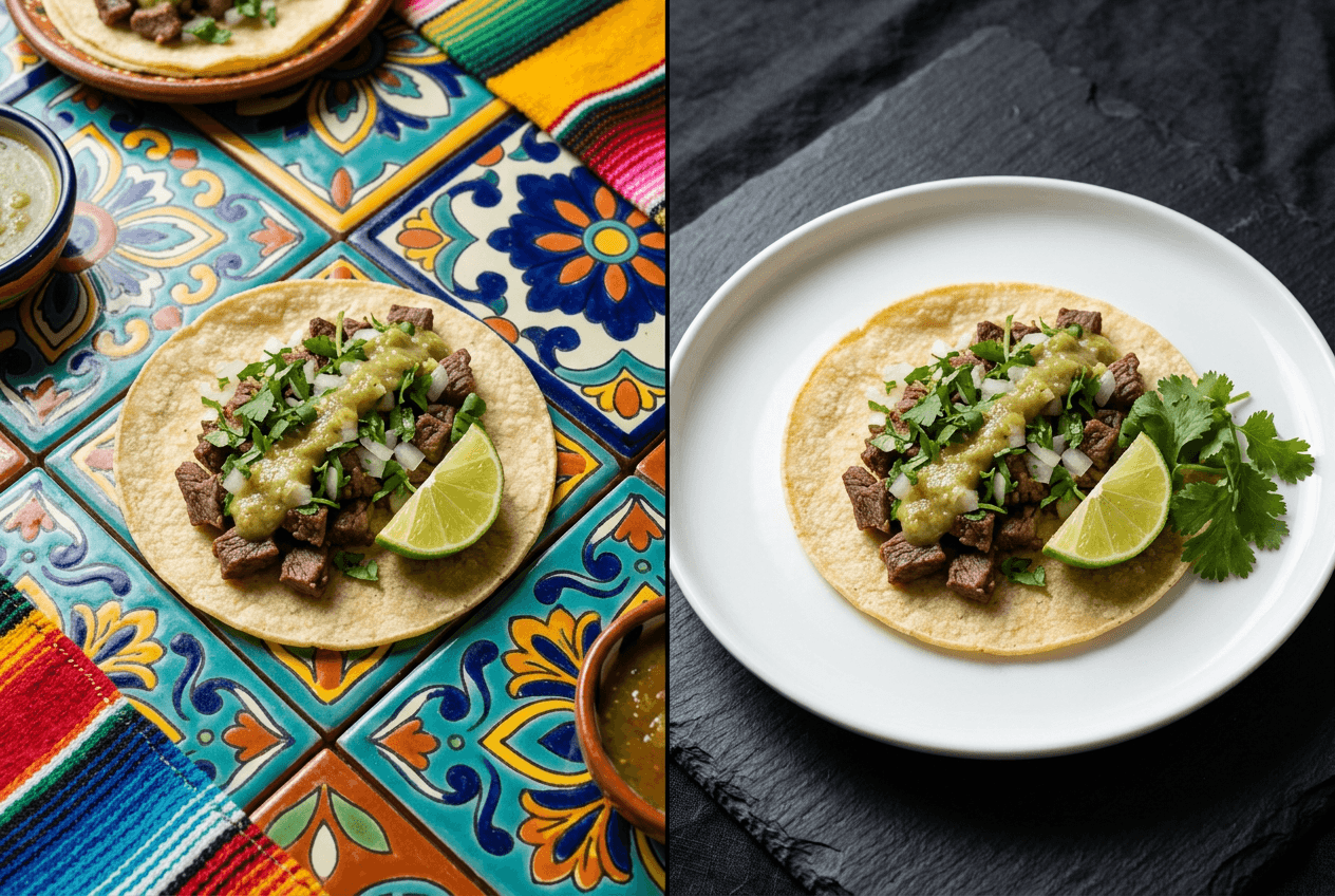 Comparison of Mexican talavera tile and Japanese minimalist backgrounds showing cuisine-specific menu design