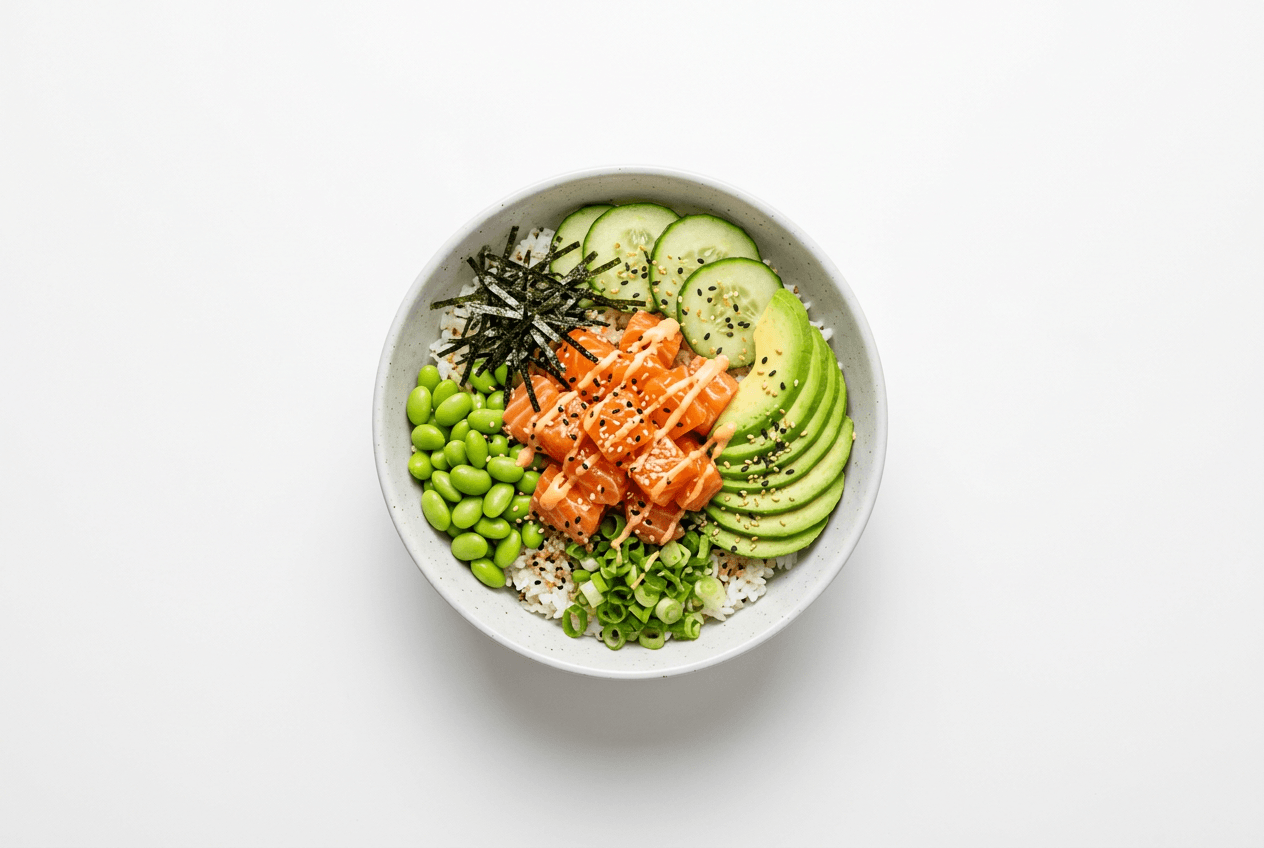 Poke bowl on clean white background optimized for delivery app menu food photography
