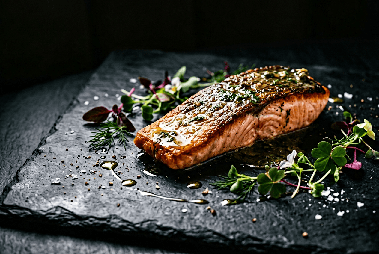 Pan-seared salmon on dark slate food menu background demonstrating fine dining surface contrast