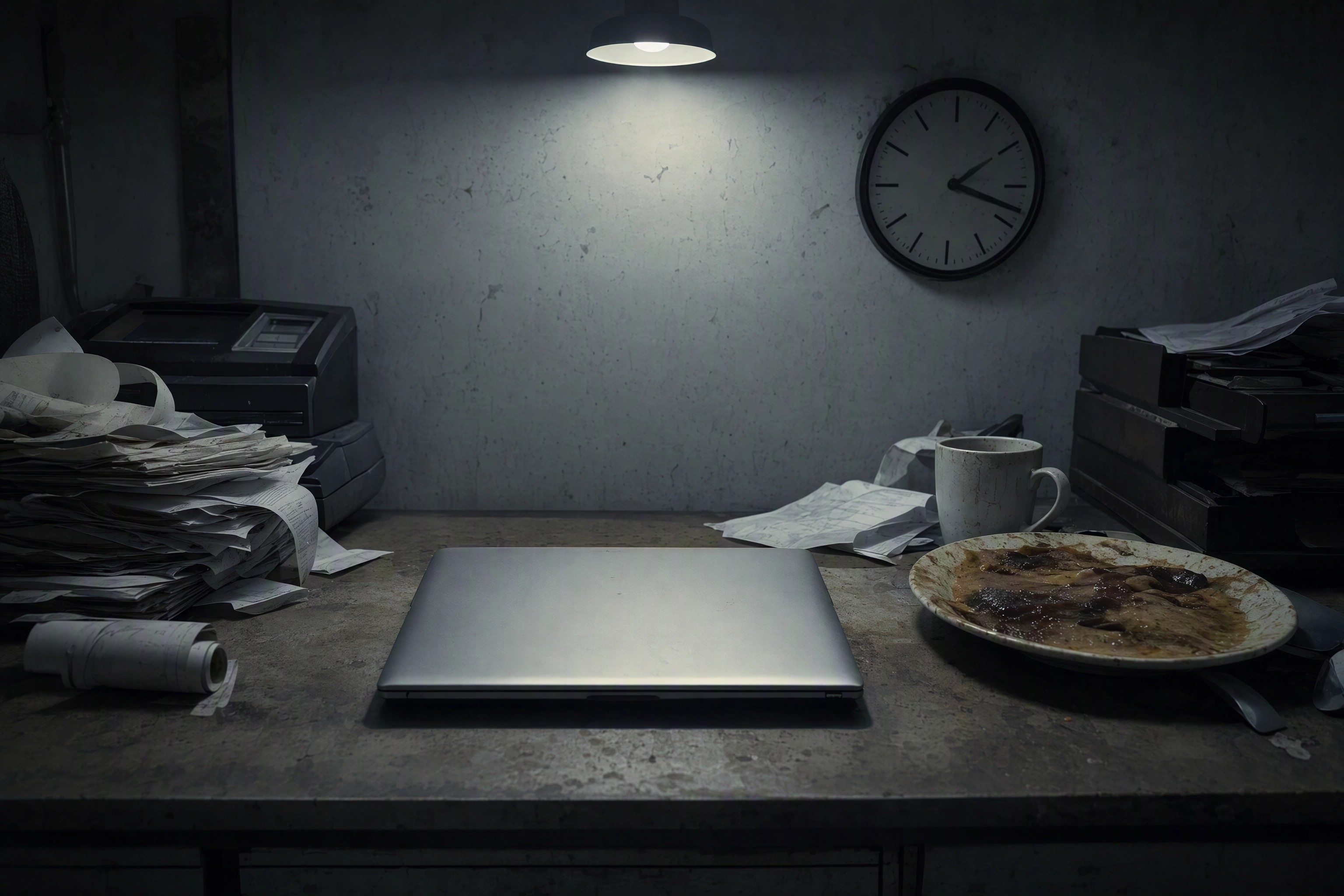 Cold congealed plate beside a closed laptop on a restaurant back office desk, the desktop photo editing handoff that never happens