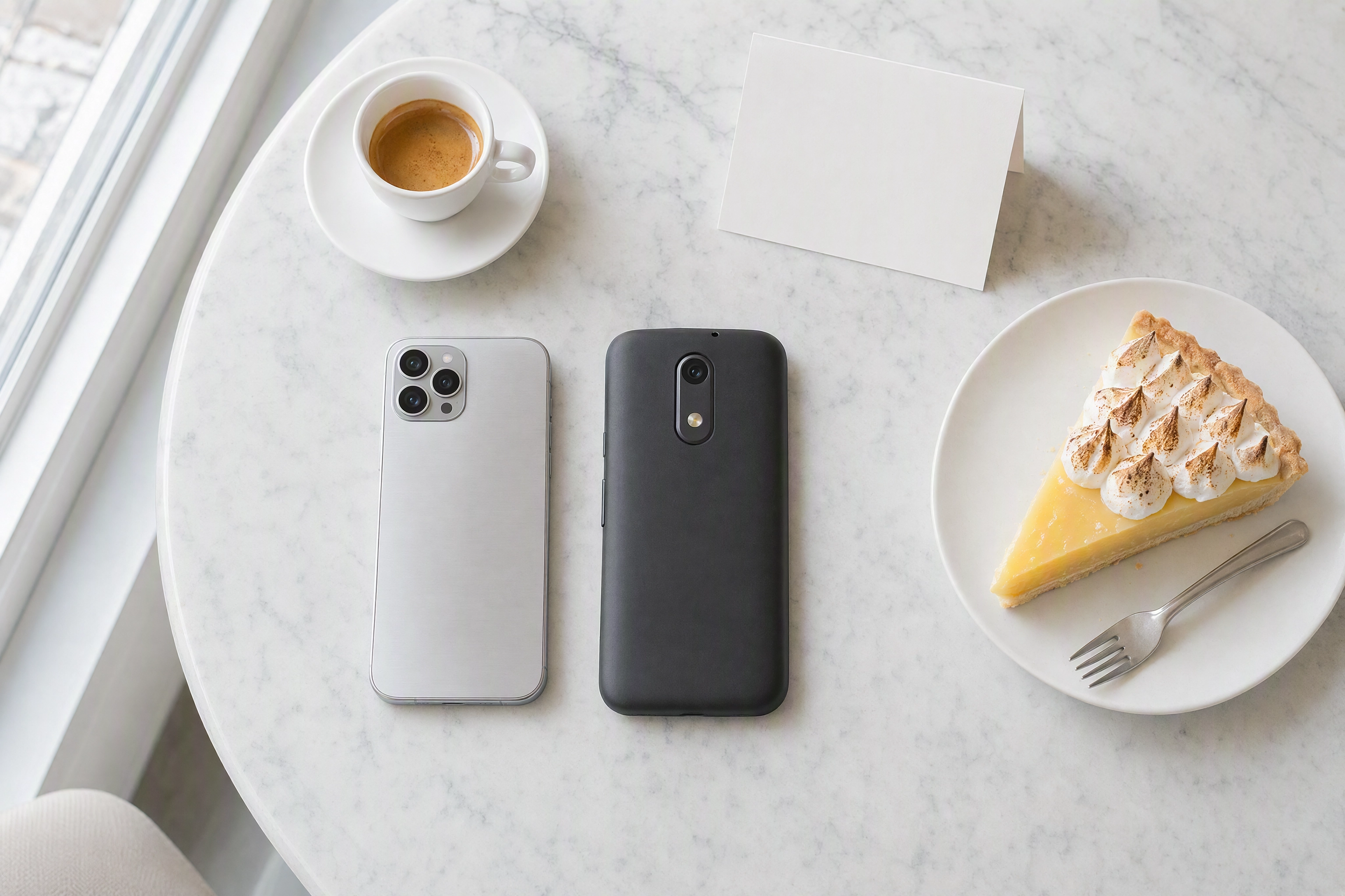 Two different smartphones lying face down beside an espresso and a lemon tart on a marble counter, iPhone and Android food photo editing app