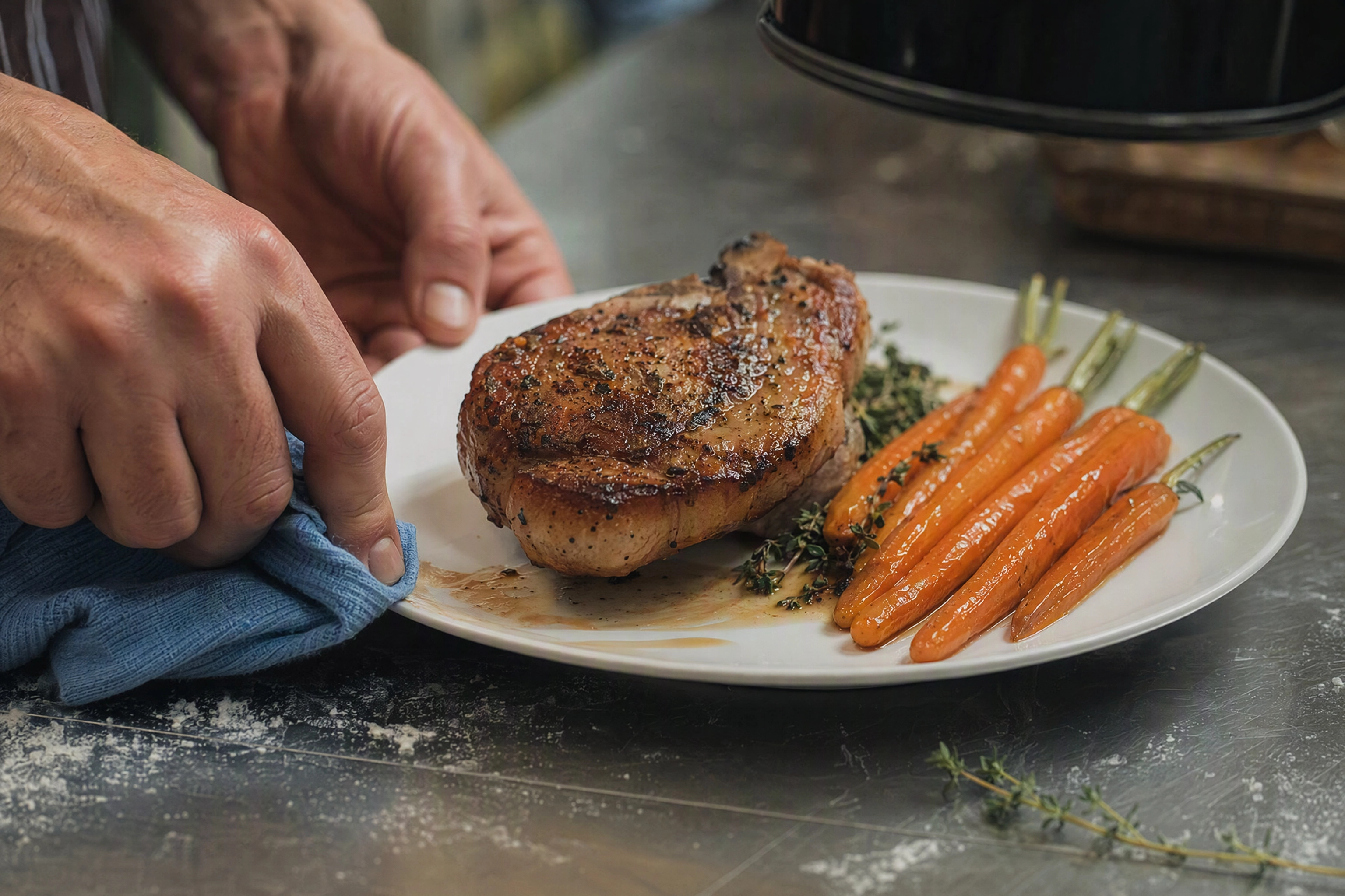 Hands wiping a sauce smear from a plate rim in window light with the heat lamp switched off, the source frame prep a food photo editing app depends on